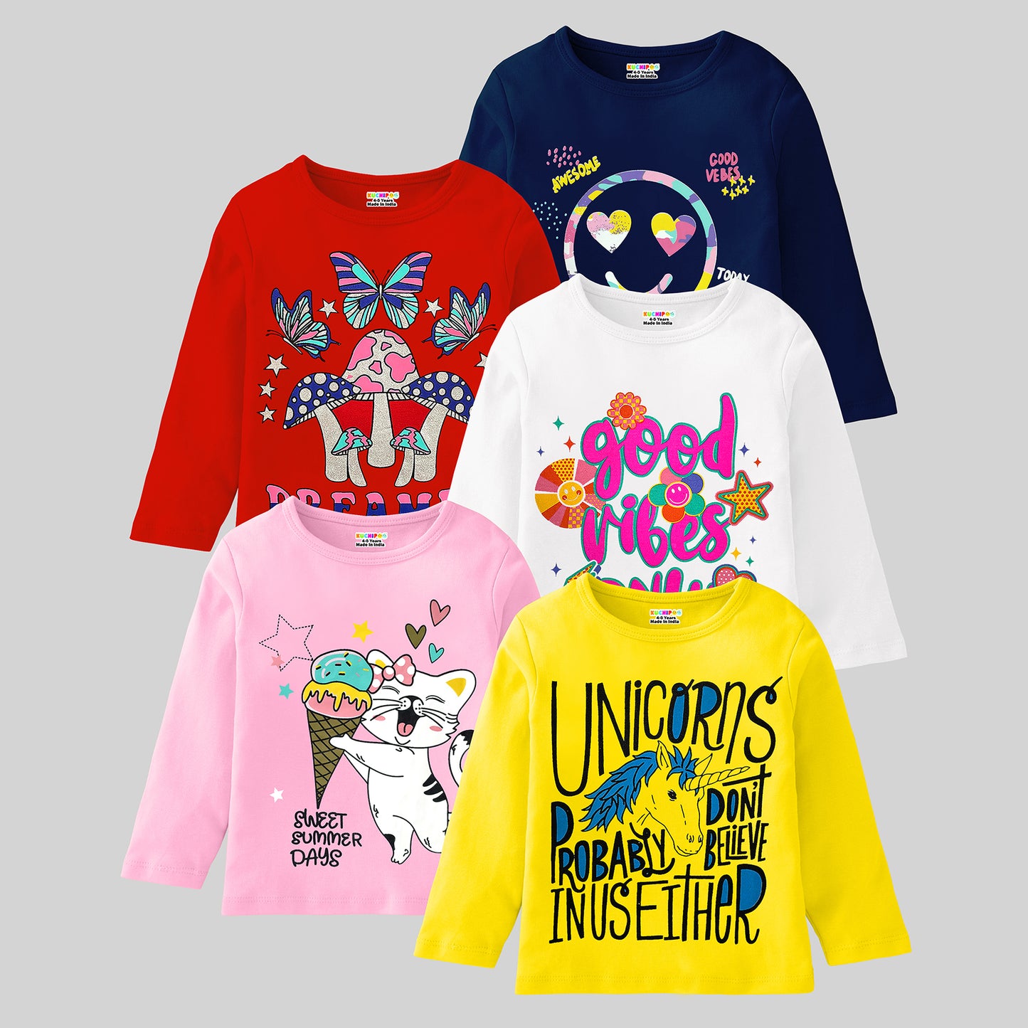 KUCHIPOO Girls Full Sleeves T-Shirts
