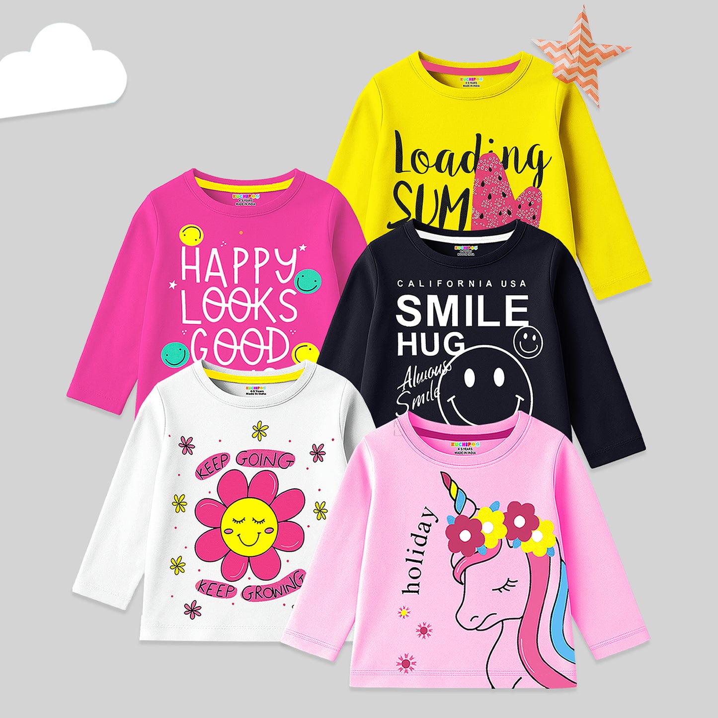 KUCHIPOO Girls Full Sleeves T-Shirts