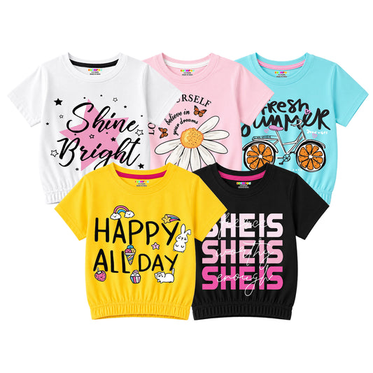 Kuchipoo Girls Cotton Crop Top | Half Sleeve Graphic Printed Summer T-Shirt with Elastic Waist | Soft & Breathable Casual Wear for Kids | Pack of 5