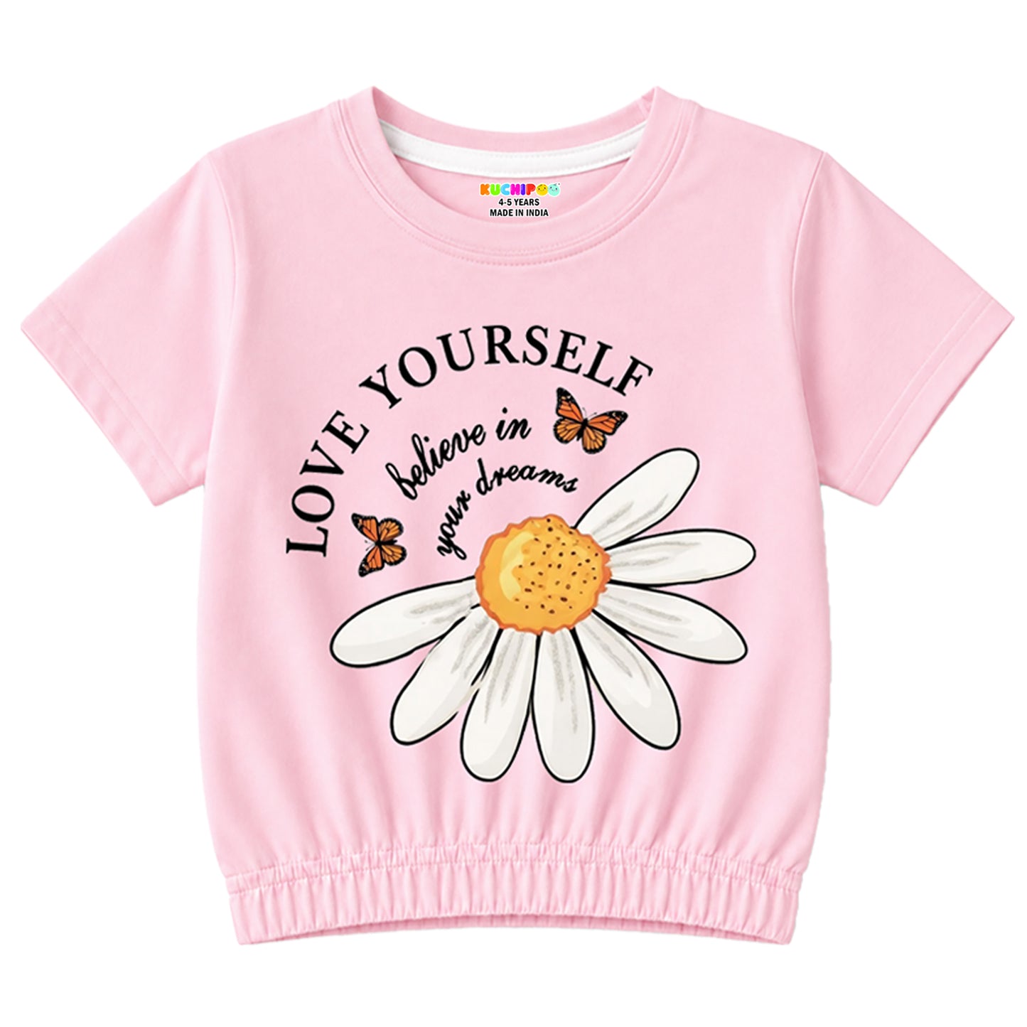 Kuchipoo Girls Cotton Crop Top | Half Sleeve Graphic Printed Summer T-Shirt with Elastic Waist | Soft & Breathable Casual Wear for Kids | Pack of 5