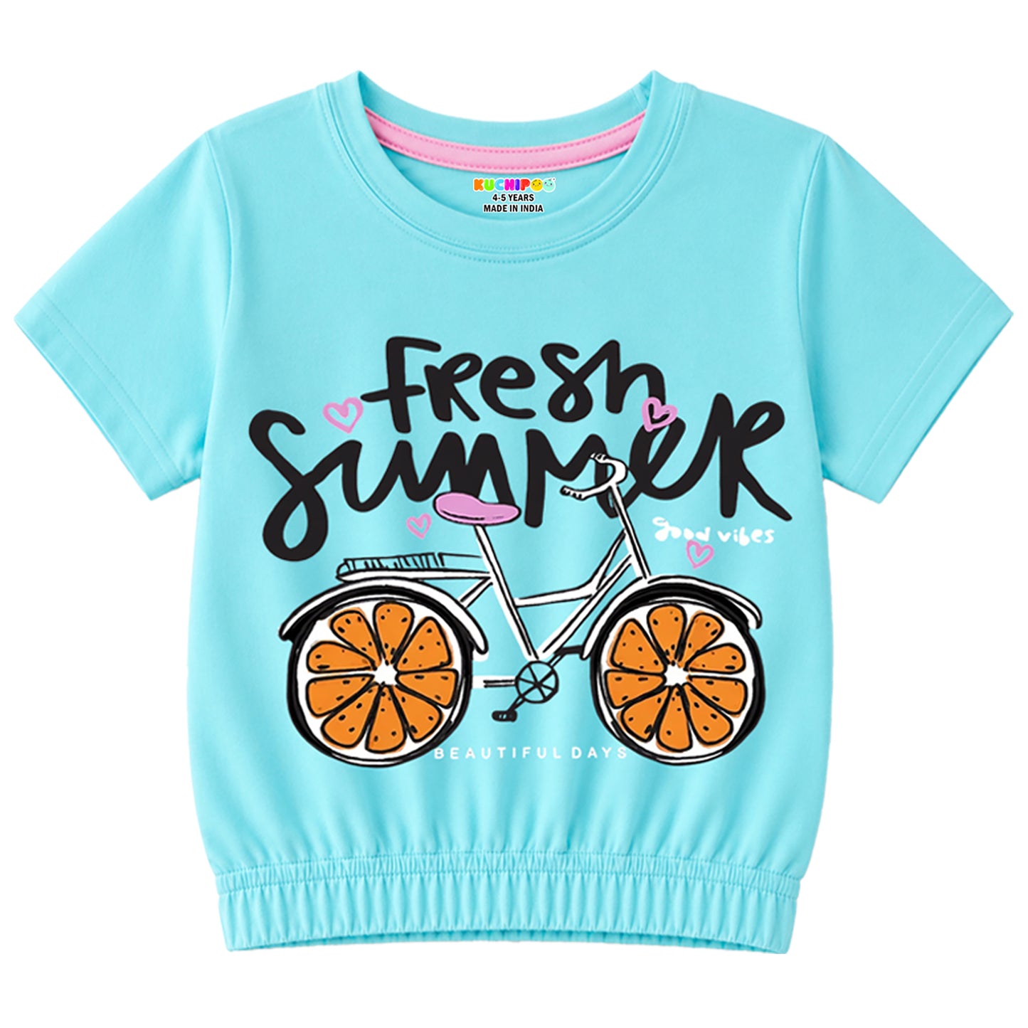 Kuchipoo Girls Cotton Crop Top | Half Sleeve Graphic Printed Summer T-Shirt with Elastic Waist | Soft & Breathable Casual Wear for Kids | Pack of 5