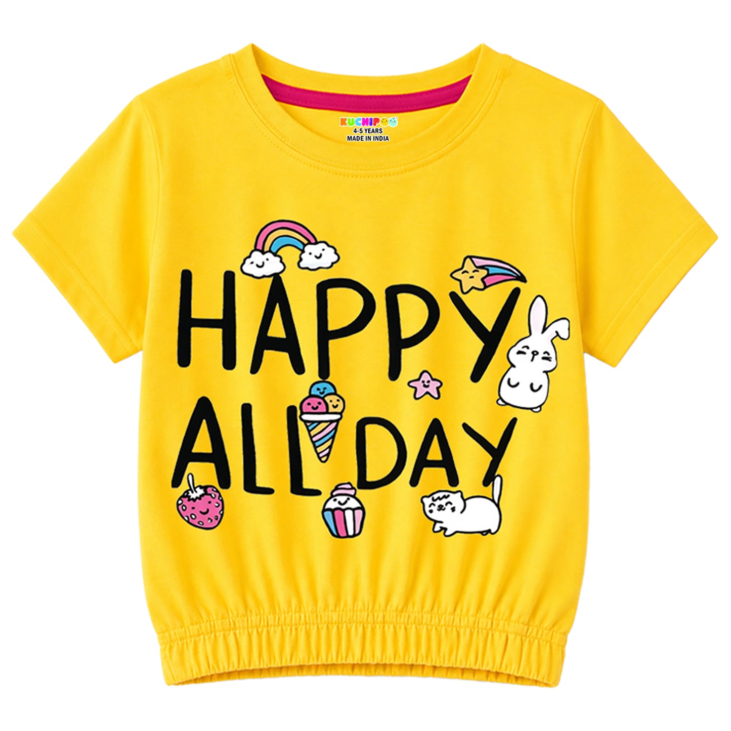 Kuchipoo Girls Cotton Crop Top | Half Sleeve Graphic Printed Summer T-Shirt with Elastic Waist | Soft & Breathable Casual Wear for Kids | Pack of 5