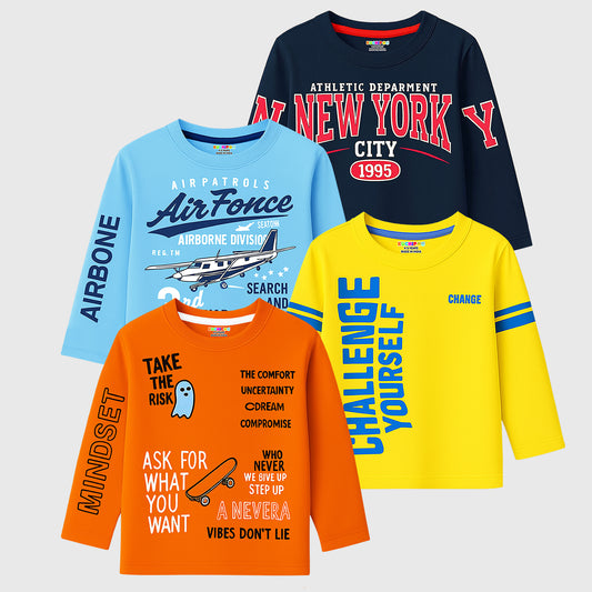 Kuchipoo Boys Full Sleeves Cotton T-Shirt - Pack of 4