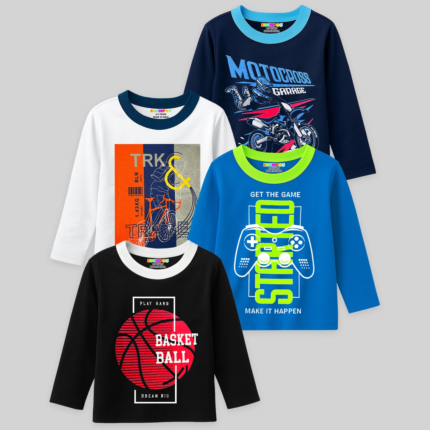 Kuchipoo Boys Full Sleeves Cotton T-Shirt - Pack of 4