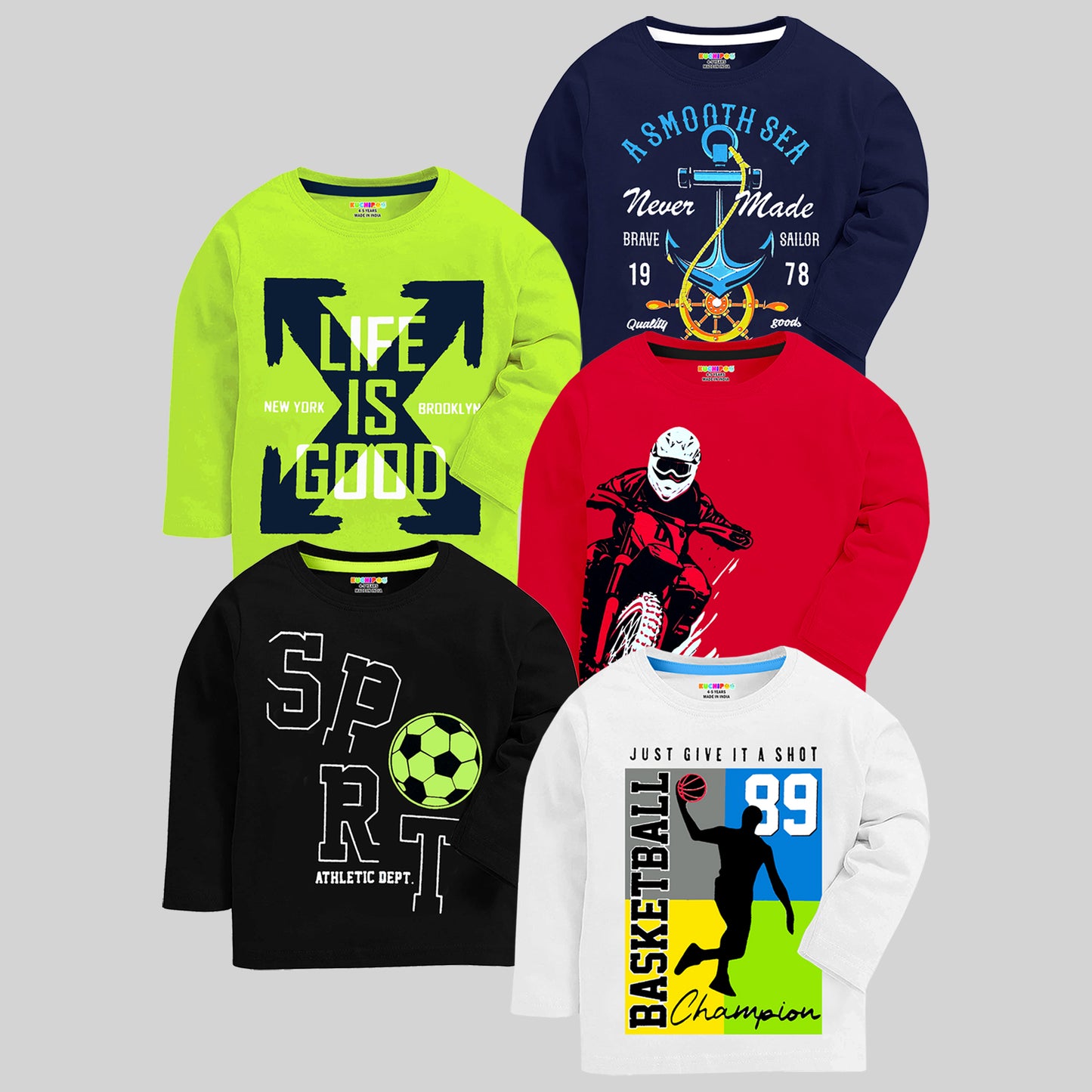 Kuchipoo Boys Full Sleeves Cotton T-Shirt - Pack of 5