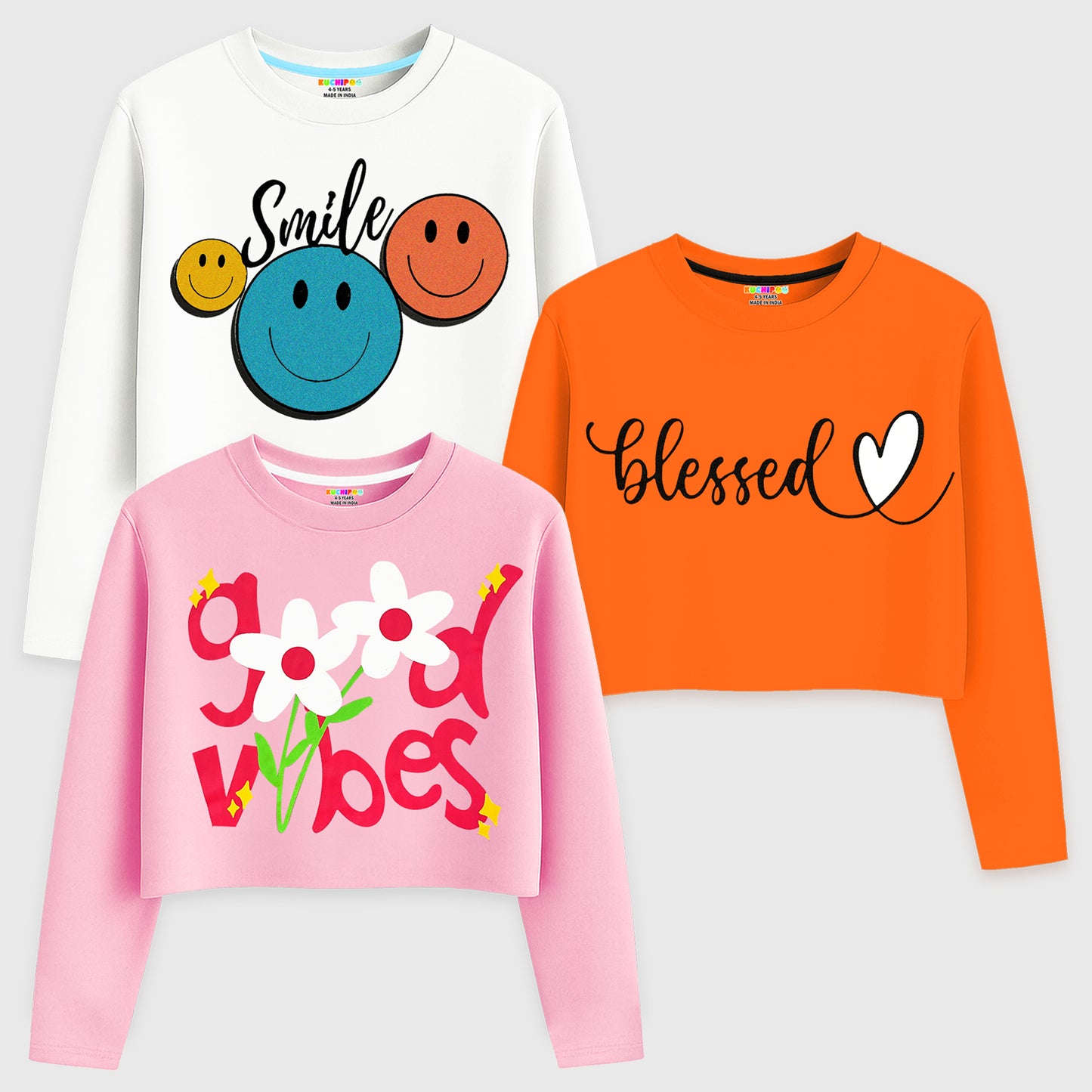 Kuchipoo Girls Crop Top Cotton T-Shirt - Pack of 3