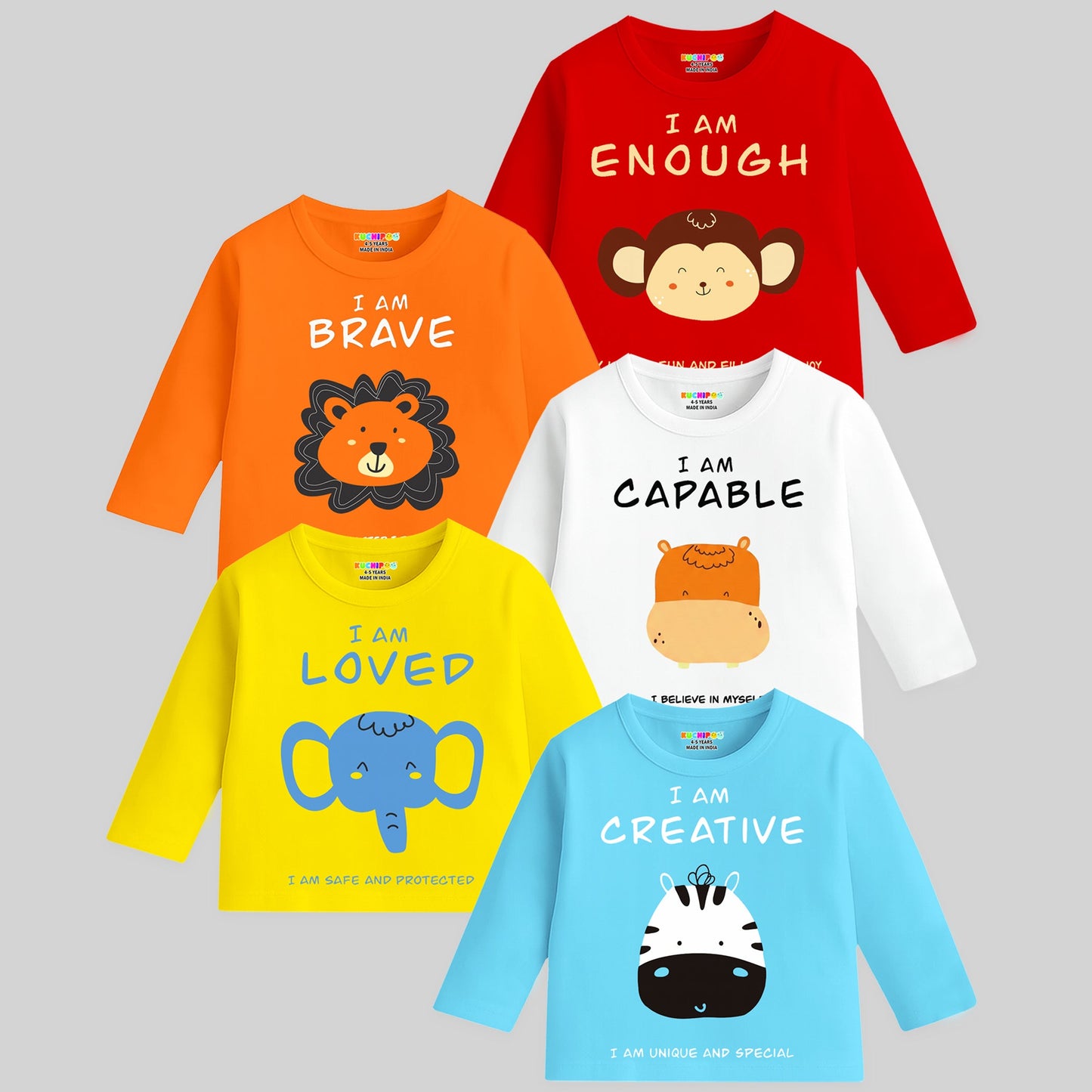 Kuchipoo Boys Full Sleeves Regular Fit Cotton T-Shirt - Pack of 5