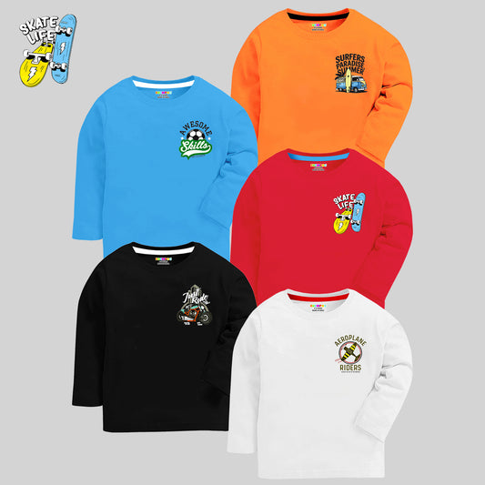 Kuchipoo Boys Full Sleeve T-Shirts | Soft Cotton Round Neck Tees | Multicolor Pack of 5