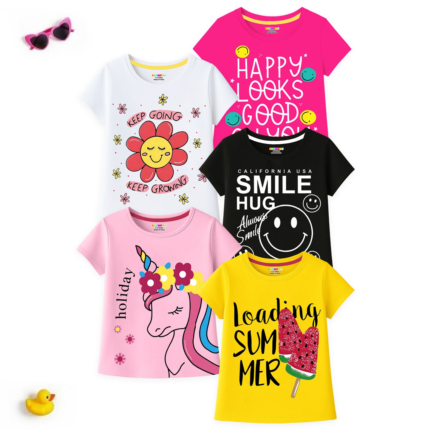 Kuchipoo Girls Cotton Printed T-Shirts | Half Sleeve Round Neck | Soft & Comfortable Casual Wear for Kids | Pack of 5
