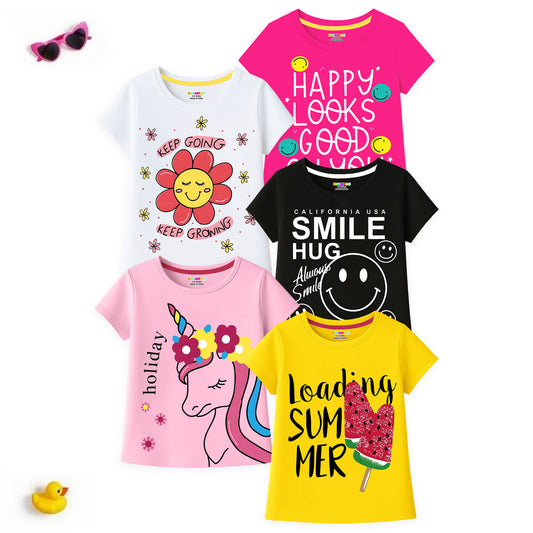 Kuchipoo Girls Cotton Printed T-Shirts | Half Sleeve Round Neck | Soft & Comfortable Casual Wear for Kids | Pack of 5