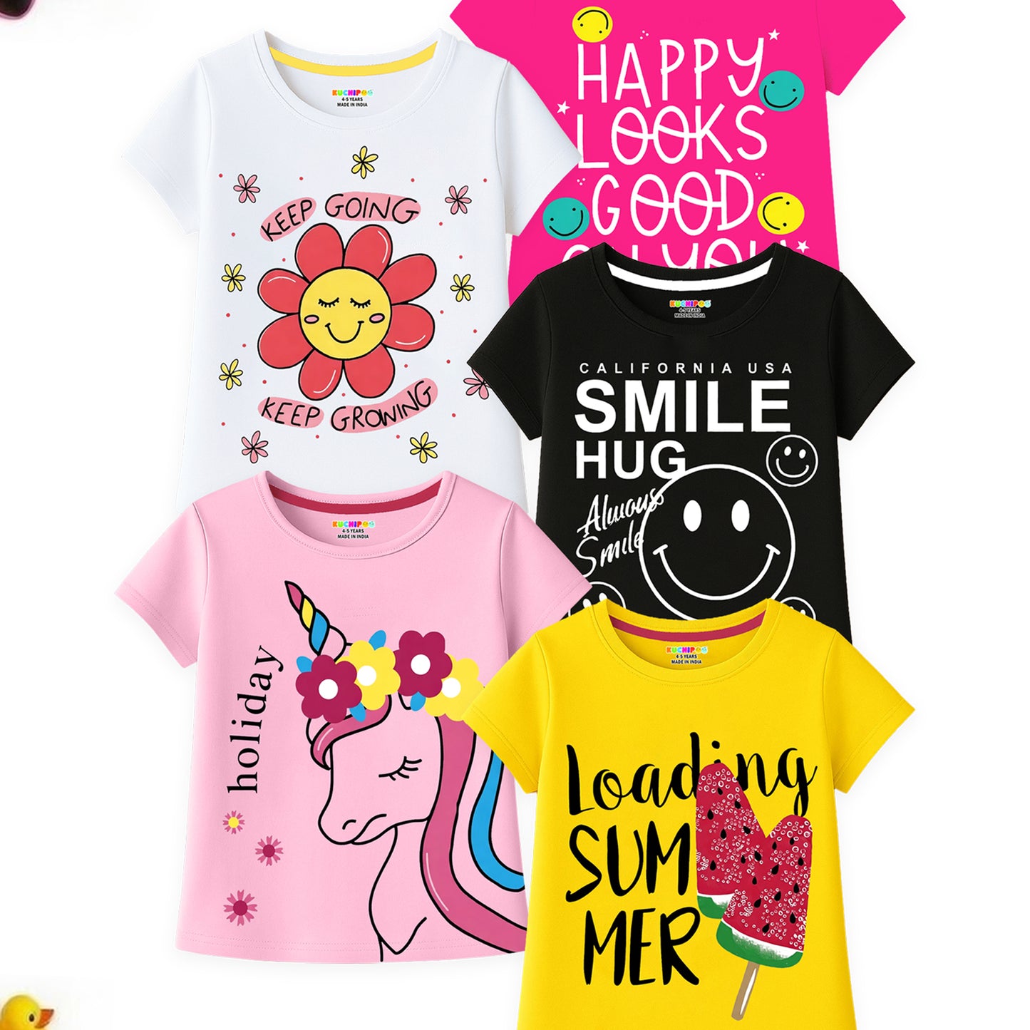 Kuchipoo Girls Cotton Printed T-Shirts | Half Sleeve Round Neck | Soft & Comfortable Casual Wear for Kids | Pack of 5