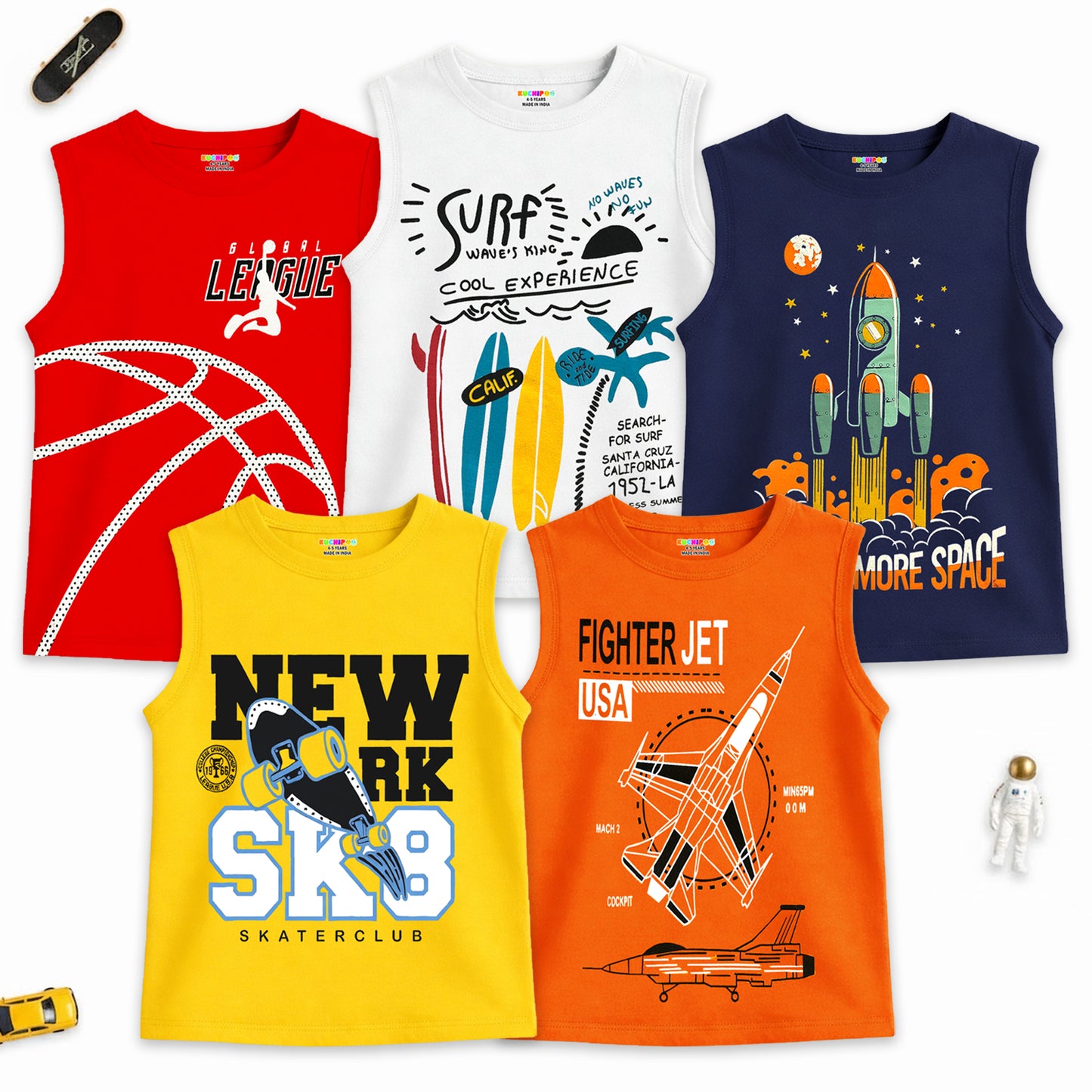 Kuchipoo Boys Sleeveless Cotton T-Shirt | Cute Graphic Print | Soft & Breathable Fabric | Round Neck Summer Top | Casual for Kids | Pack of 5