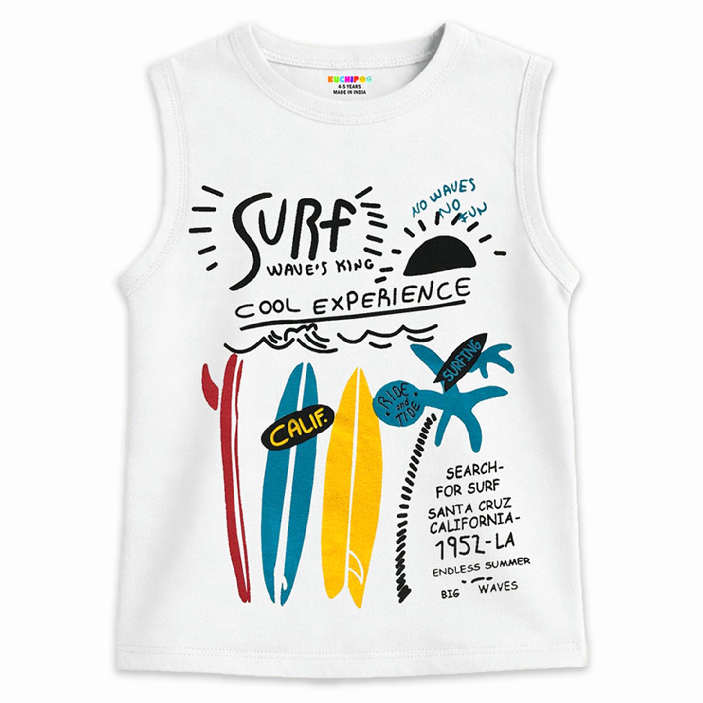 Kuchipoo Boys Sleeveless Cotton T-Shirt | Cute Graphic Print | Soft & Breathable Fabric | Round Neck Summer Top | Casual for Kids | Pack of 5