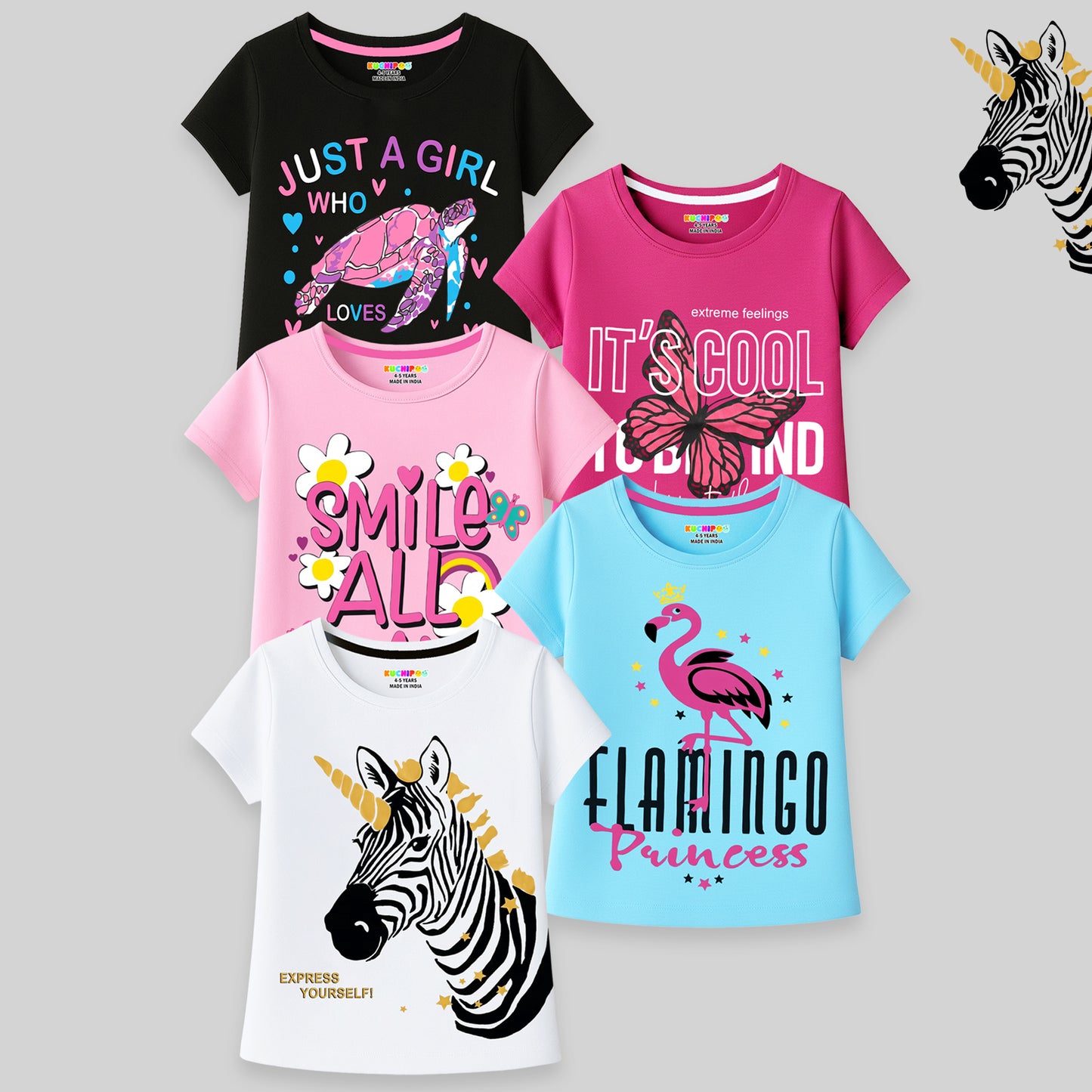 Kuchipoo Girls Regular Fit Cotton T-Shirt - Pack of 5