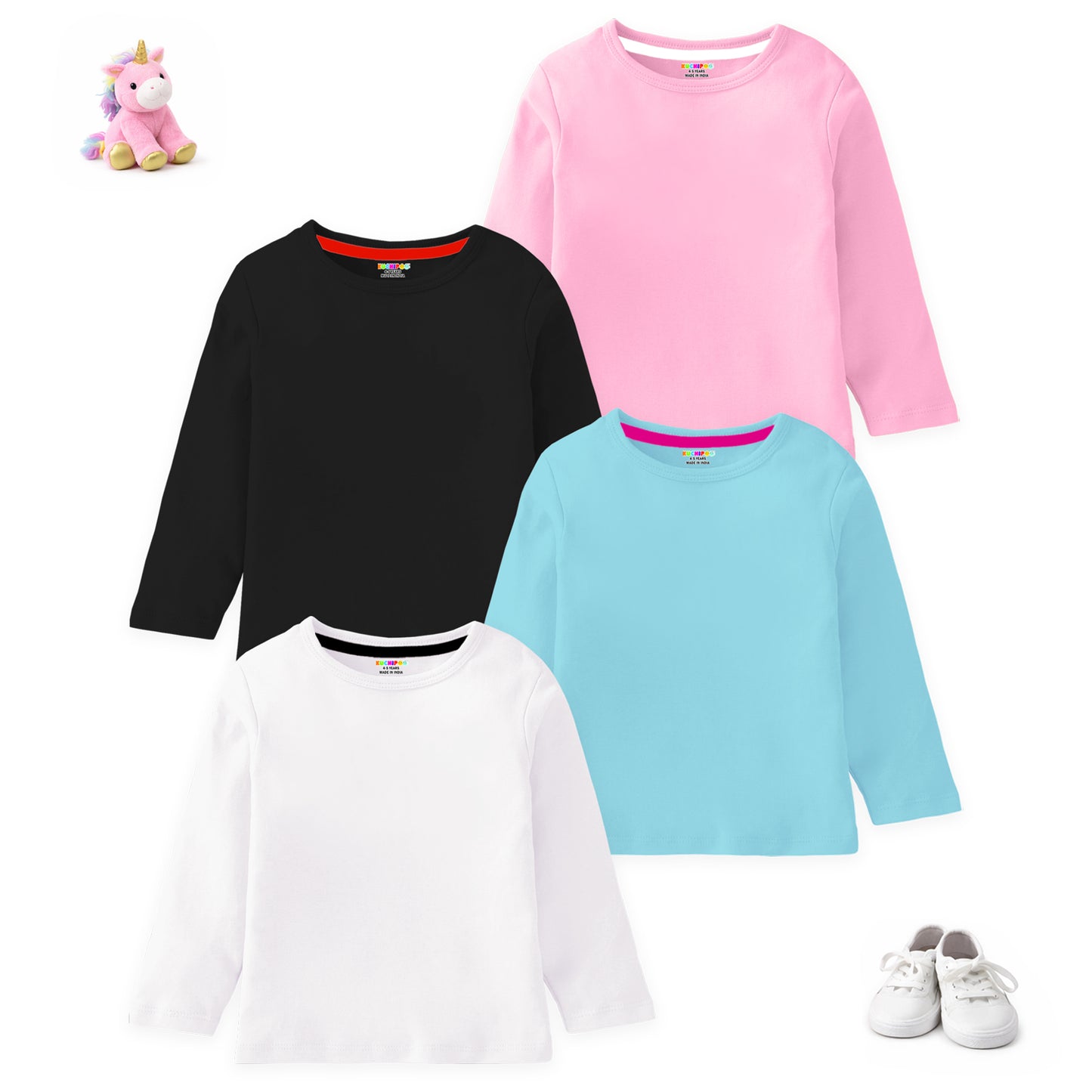 Kuchipoo Girls Full Sleeves 100% Cotton Cotton T-Shirt - Pack of 4