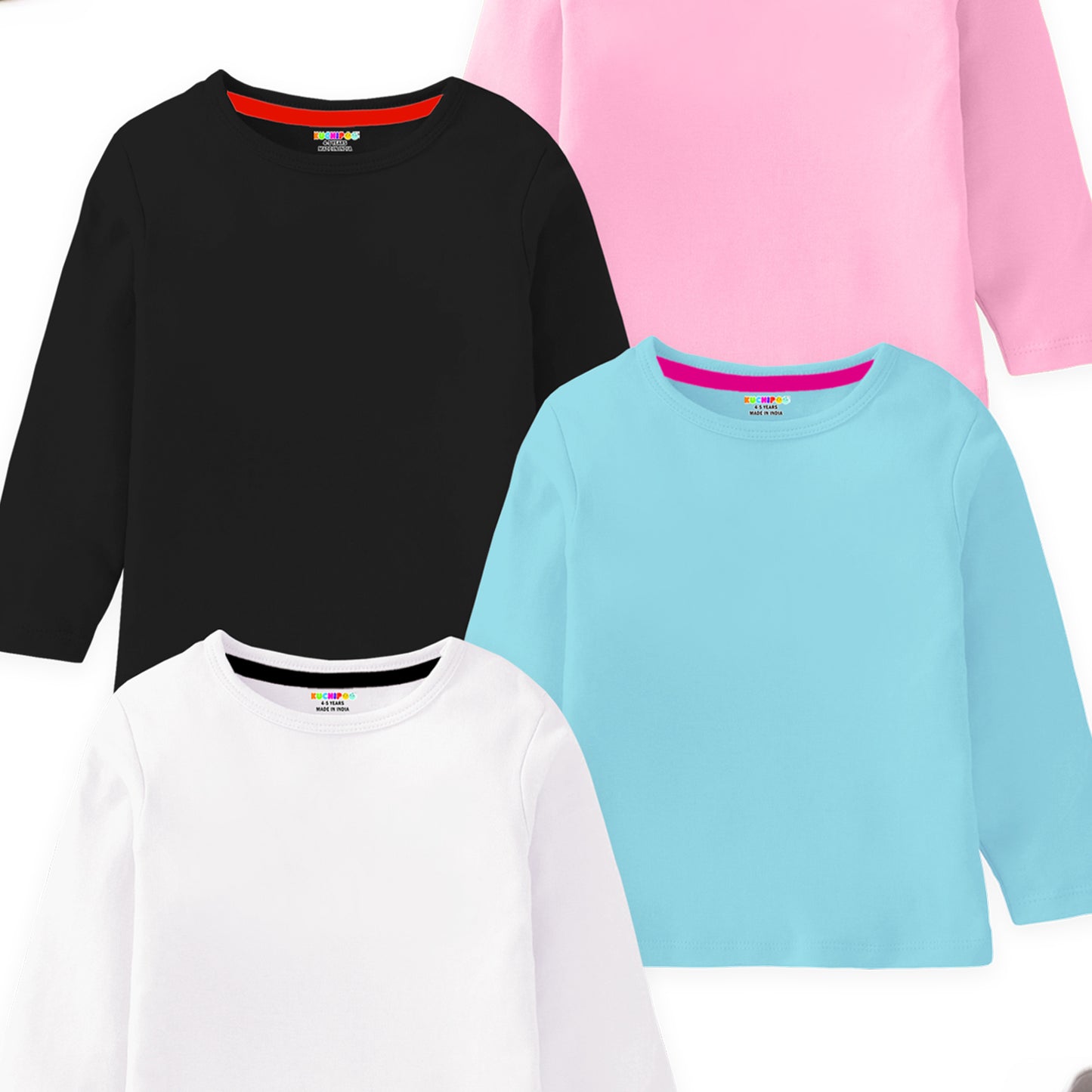 Kuchipoo Girls Full Sleeves 100% Cotton Cotton T-Shirt - Pack of 4