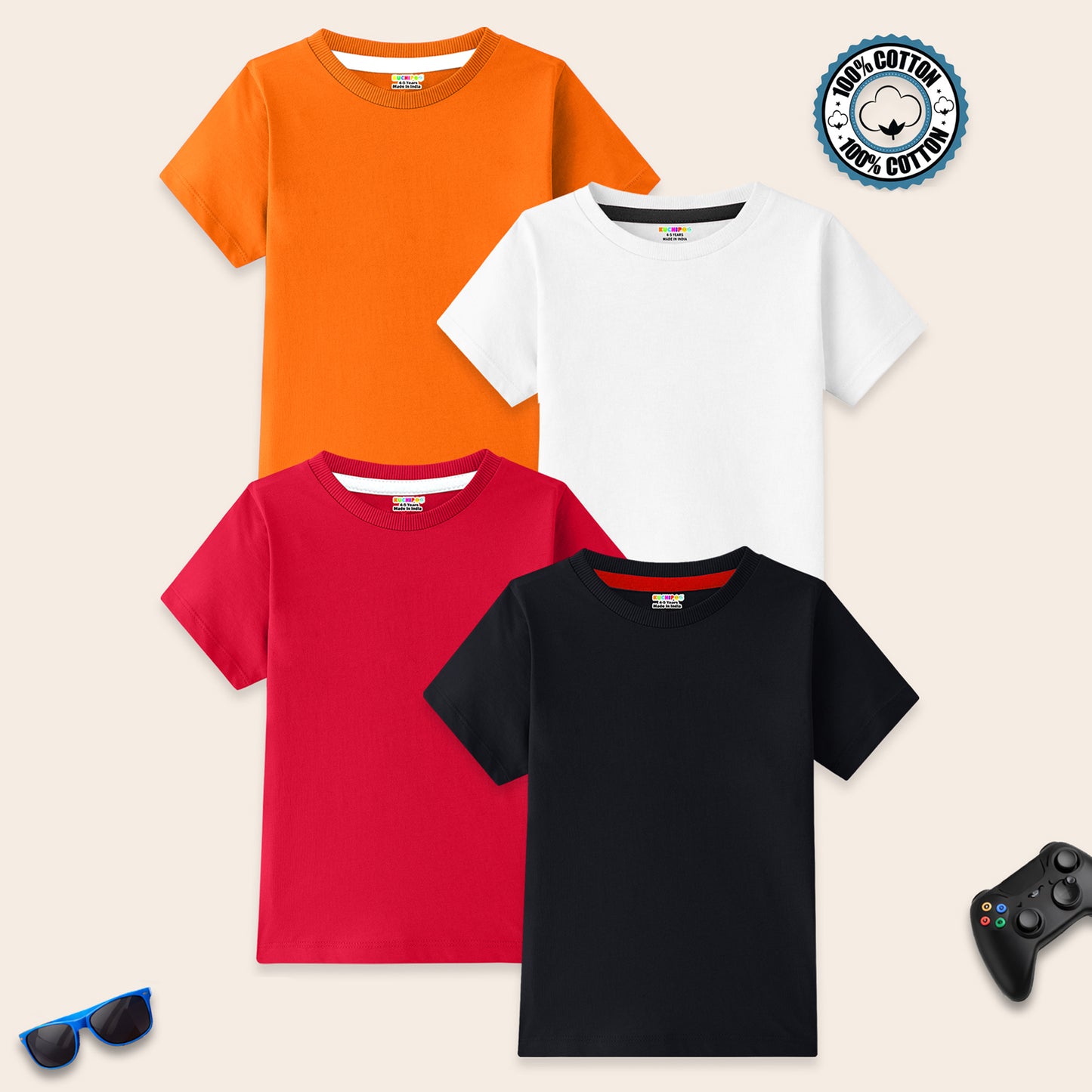 Kuchipoo Boys 100% Cotton Half Sleeve T-Shirt | Soft & Breathable Fabric | Round Neck Plain Solid Tee | Comfortable Pack of 4