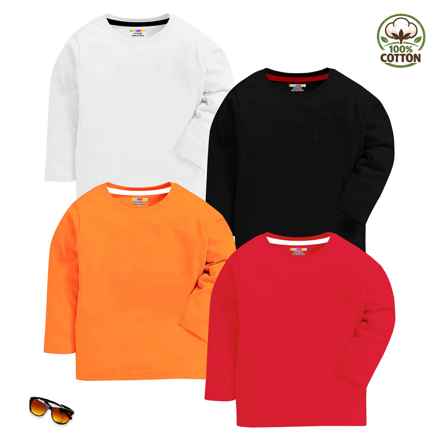 Kuchipoo Boys Full Sleeves 100% Cotton Cotton T-Shirt - Pack of 4