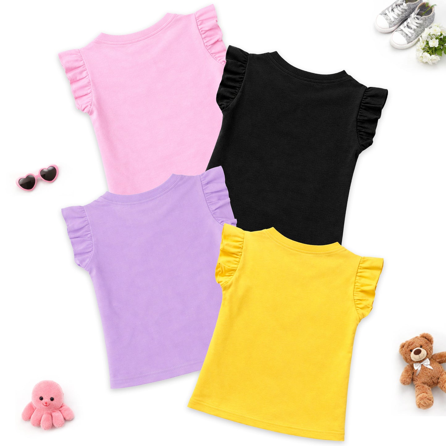 Kuchipoo Girls Cotton Printed Frill Sleeve T-Shirts Combo Pack | Casual Graphic Summer Tops for Girls | Pack of 4