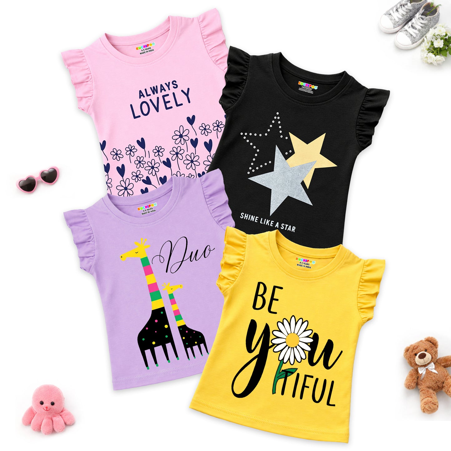 Kuchipoo Girls Cotton Printed Frill Sleeve T-Shirts Combo Pack | Casual Graphic Summer Tops for Girls | Pack of 4
