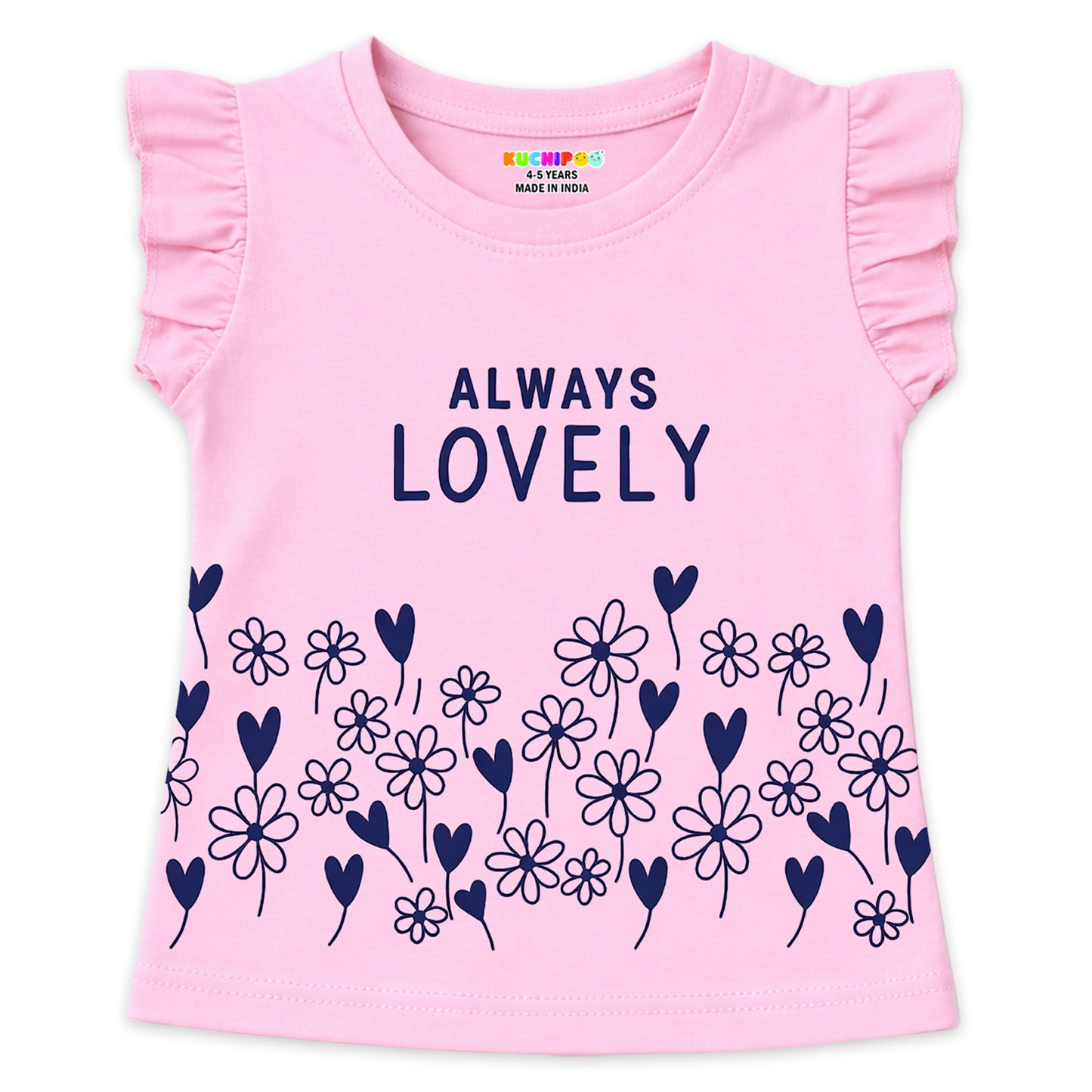 Kuchipoo Girls Cotton Printed Frill Sleeve T-Shirts Combo Pack | Casual Graphic Summer Tops for Girls | Pack of 4