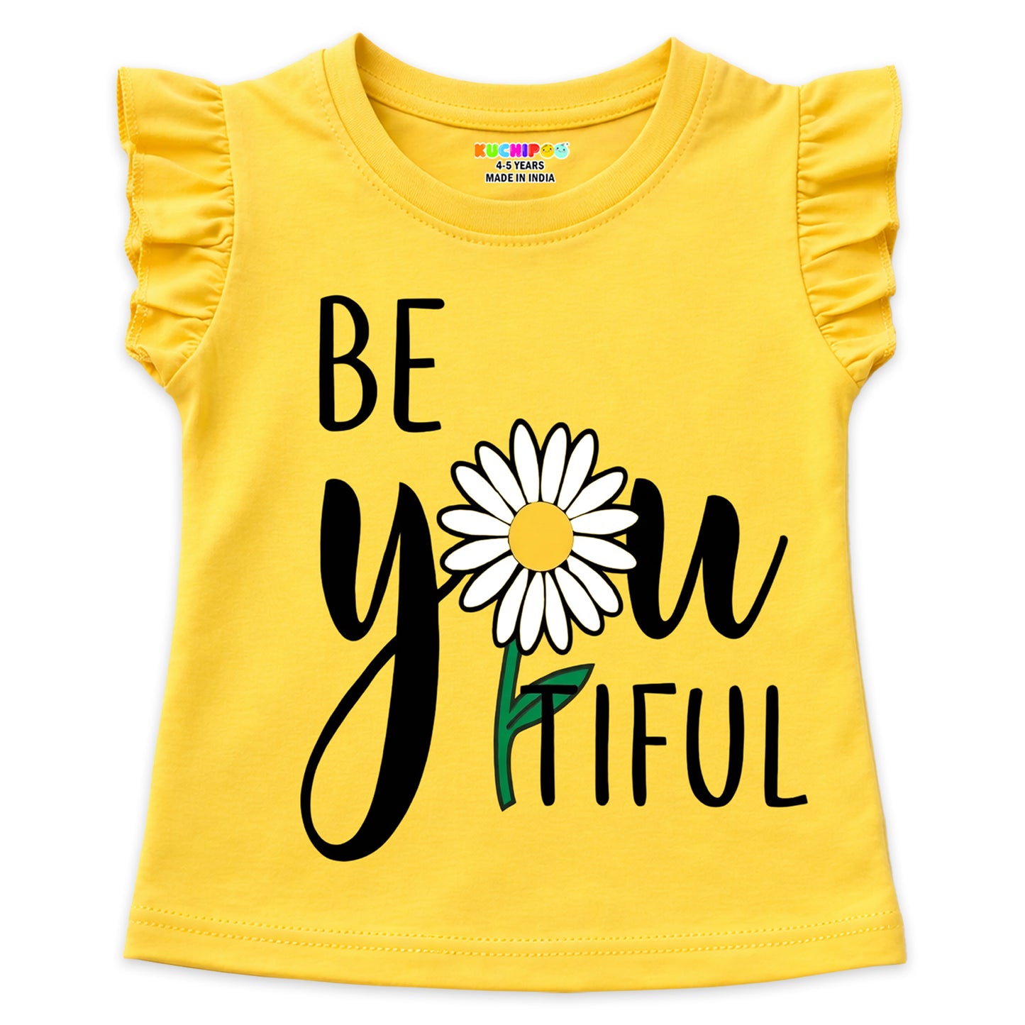 Kuchipoo Girls Cotton Printed Frill Sleeve T-Shirts Combo Pack | Casual Graphic Summer Tops for Girls | Pack of 4