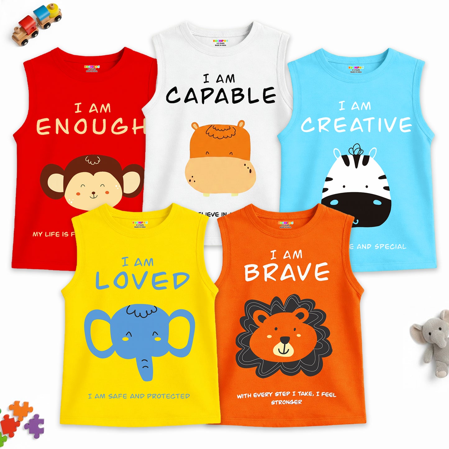 Kuchipoo Boys & Girls Cotton Sleeveless T-Shirts | Printed Graphic Design | Lightweight & Comfortable | Summer Casual Wear | Everyday Kids Clothing - Pack of 5