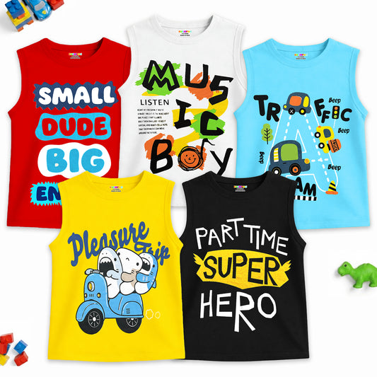 Kuchipoo Boys Cotton Sleeveless T-Shirts | Printed Graphic Design | Lightweight & Comfortable | Summer Casual Wear | Everyday Kids Clothing - Pack of 5