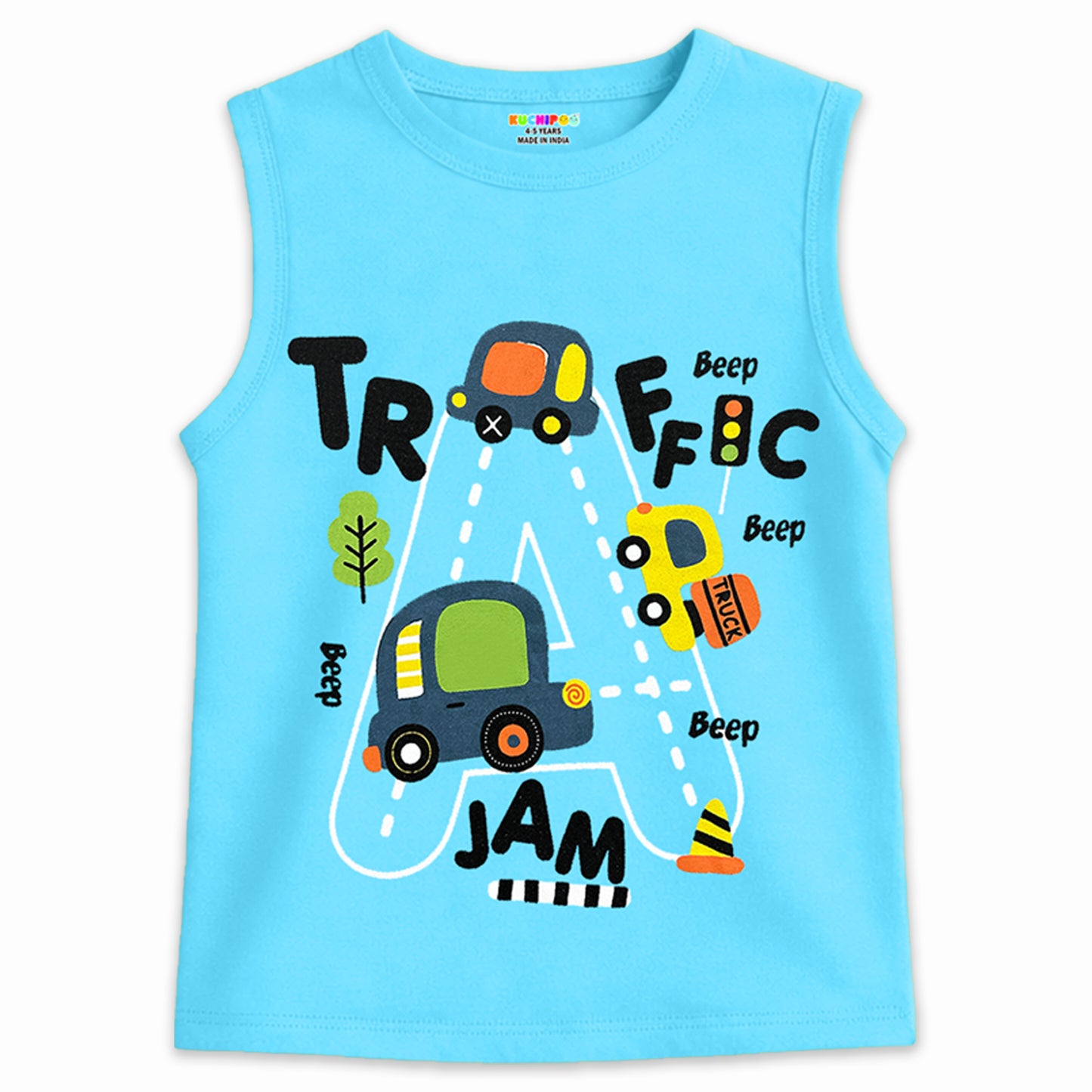 Kuchipoo Boys Cotton Sleeveless T-Shirts | Printed Graphic Design | Lightweight & Comfortable | Summer Casual Wear | Everyday Kids Clothing - Pack of 5