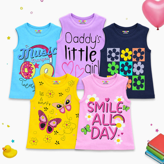 Kuchipoo Girls Sleeveless Cotton T-Shirt | Cute Graphic Print | Soft & Breathable Fabric | Round Neck Summer Top | Casual for Kids | Pack of 5