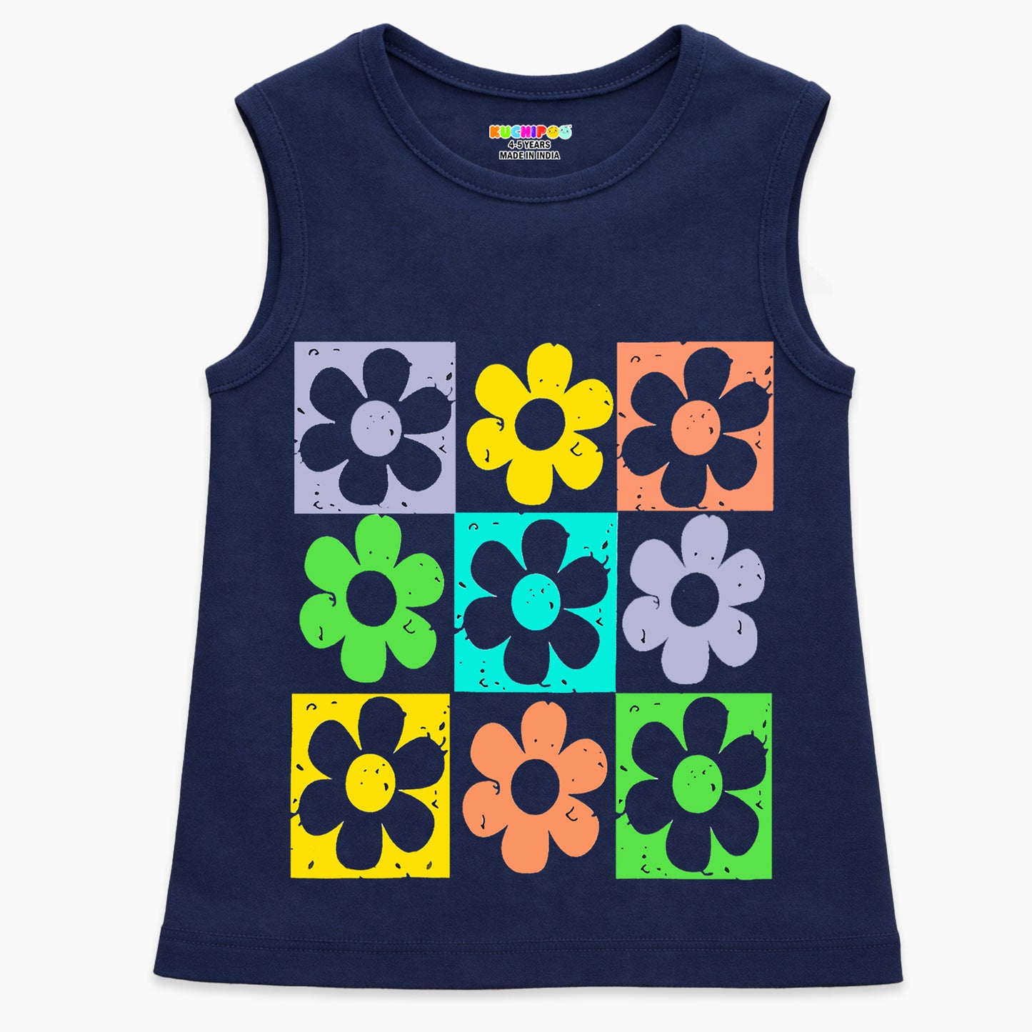 Kuchipoo Girls Sleeveless Cotton T-Shirt | Cute Graphic Print | Soft & Breathable Fabric | Round Neck Summer Top | Casual for Kids | Pack of 5