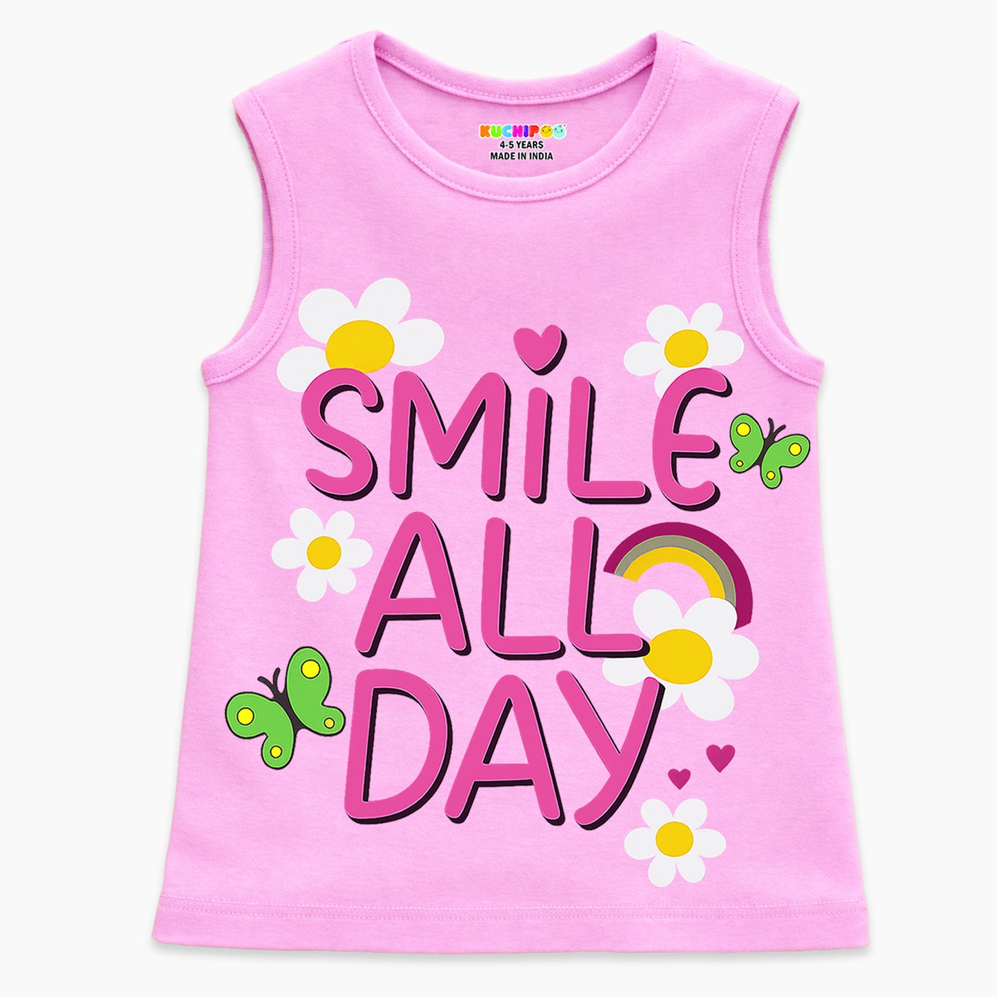 Kuchipoo Girls Sleeveless Cotton T-Shirt | Cute Graphic Print | Soft & Breathable Fabric | Round Neck Summer Top | Casual for Kids | Pack of 5