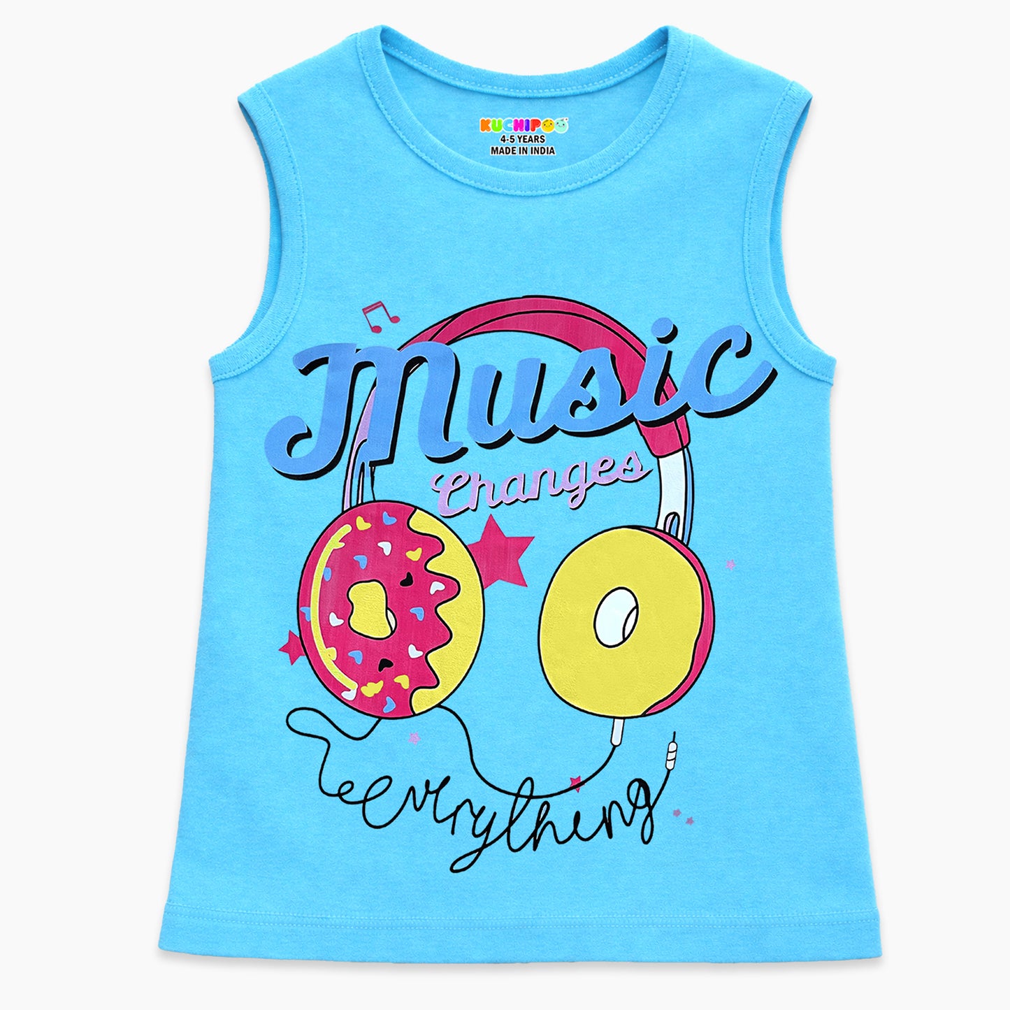 Kuchipoo Girls Sleeveless Cotton T-Shirt | Cute Graphic Print | Soft & Breathable Fabric | Round Neck Summer Top | Casual for Kids | Pack of 5