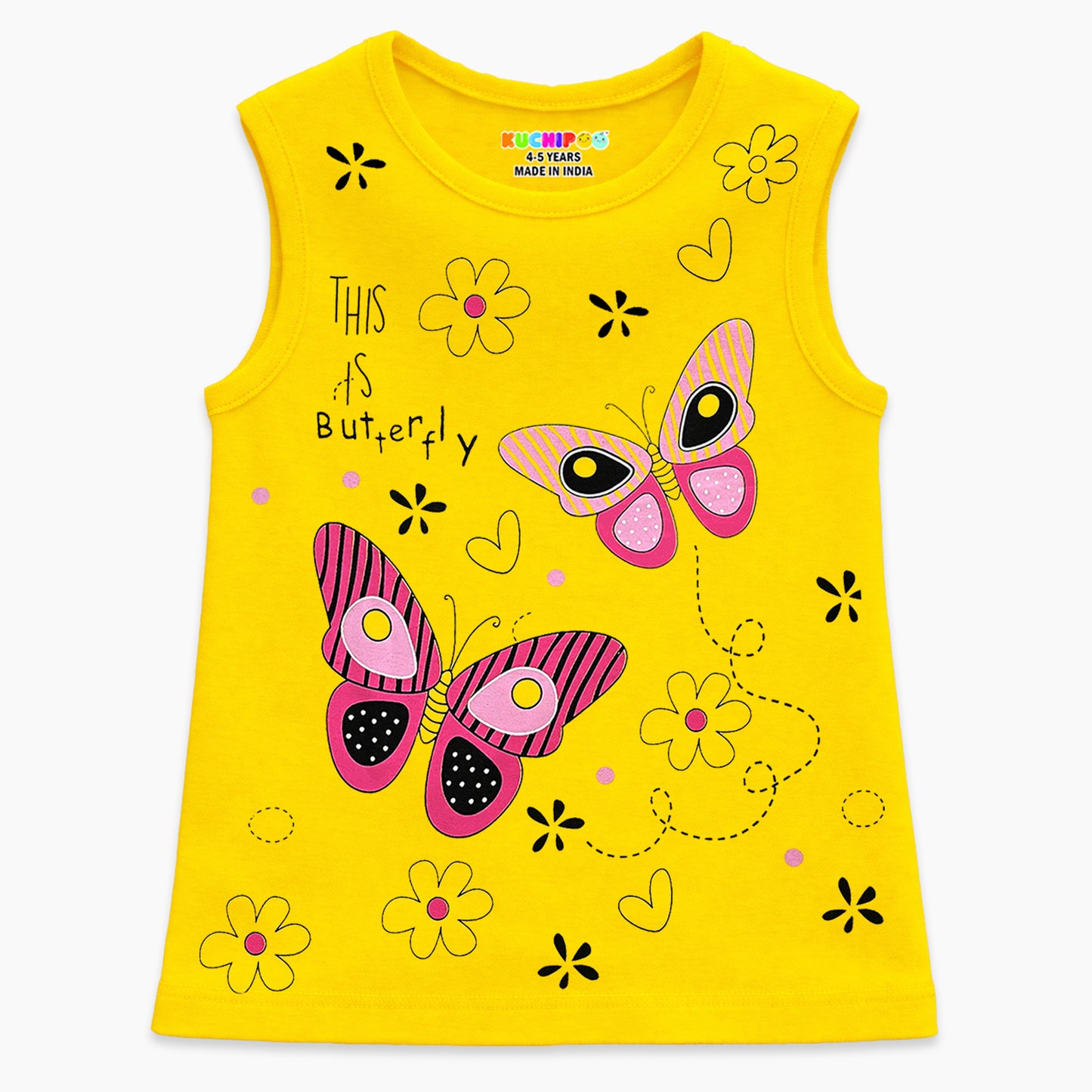 Kuchipoo Girls Sleeveless Cotton T-Shirt | Cute Graphic Print | Soft & Breathable Fabric | Round Neck Summer Top | Casual for Kids | Pack of 5