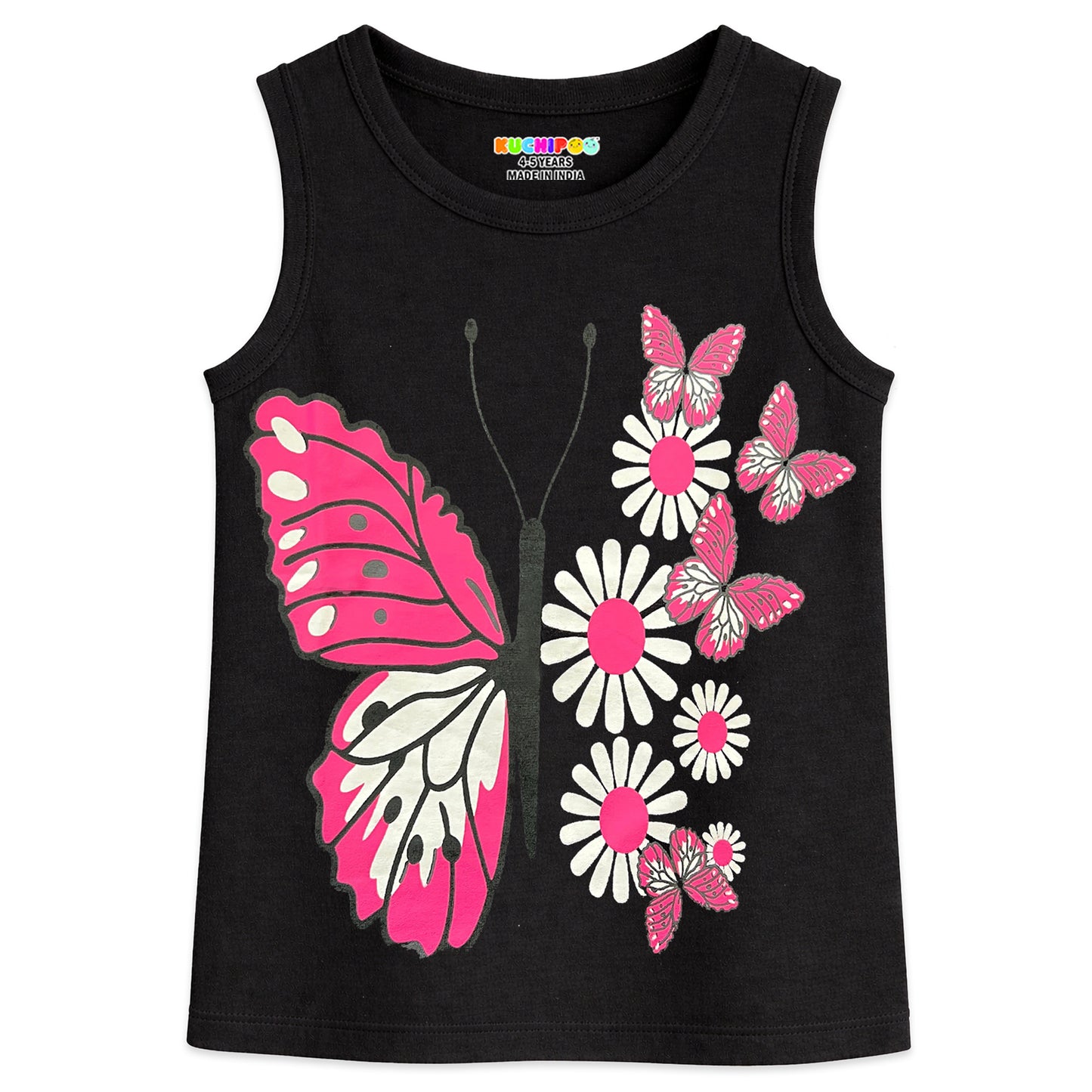 Kuchipoo Girls Sleeveless Cotton T-Shirt | Cute Graphic Print | Soft & Breathable Fabric | Round Neck Summer Top | Casual for Kids | Pack of 5