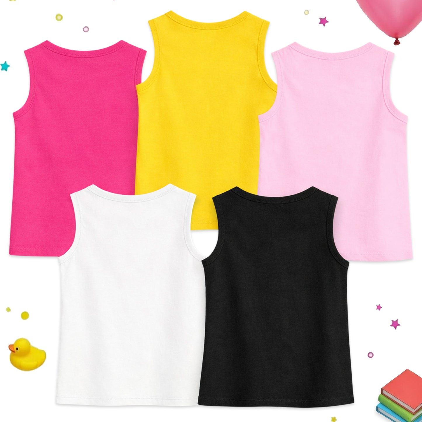 Kuchipoo Girls Sleeveless Cotton T-Shirt | Cute Graphic Print | Soft & Breathable Fabric | Round Neck Summer Top | Casual for Kids | Pack of 5