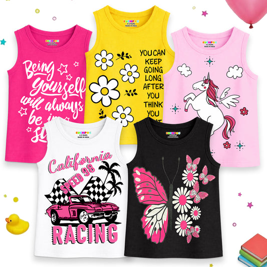 Kuchipoo Girls Sleeveless Cotton T-Shirt | Cute Graphic Print | Soft & Breathable Fabric | Round Neck Summer Top | Casual for Kids | Pack of 5