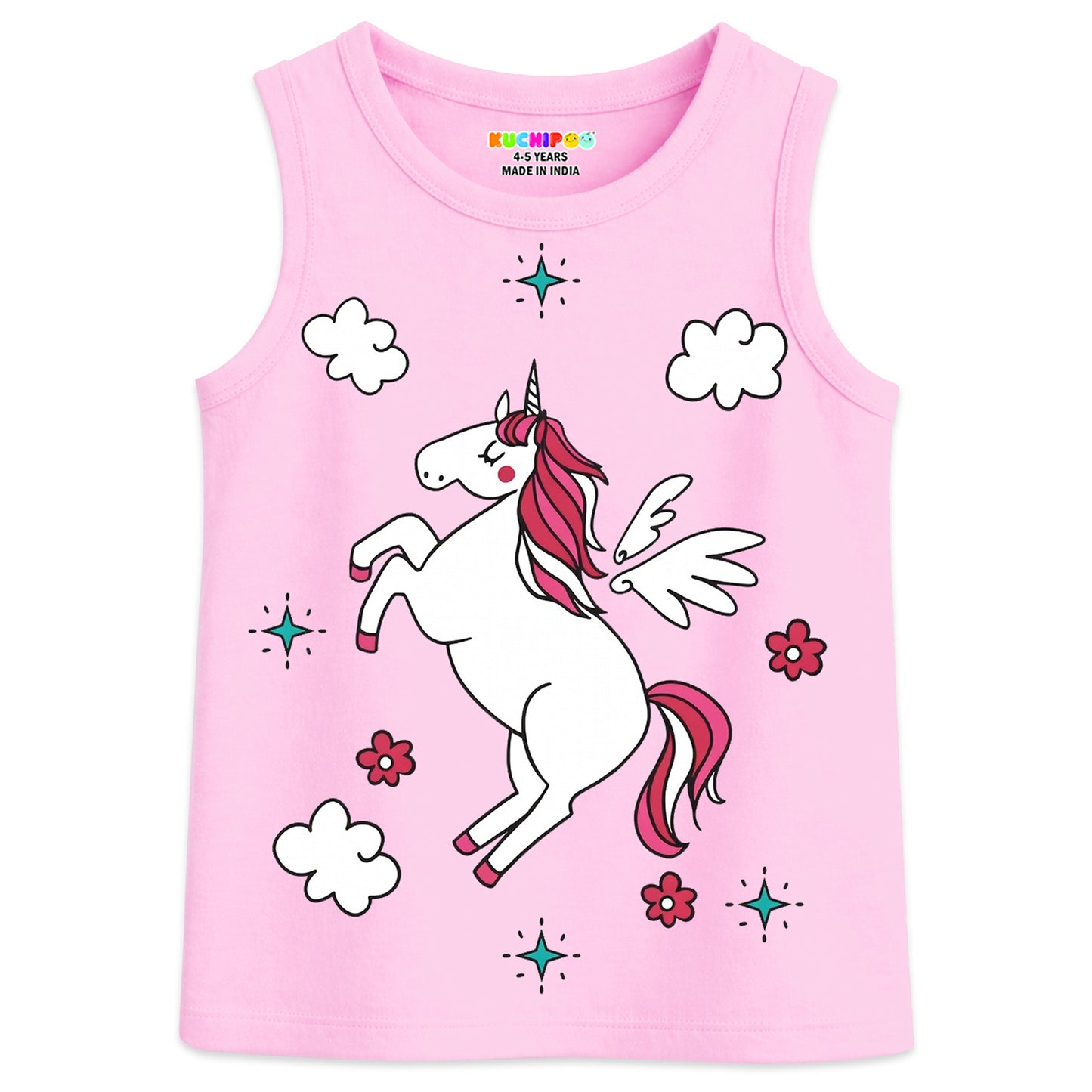 Kuchipoo Girls Sleeveless Cotton T-Shirt | Cute Graphic Print | Soft & Breathable Fabric | Round Neck Summer Top | Casual for Kids | Pack of 5