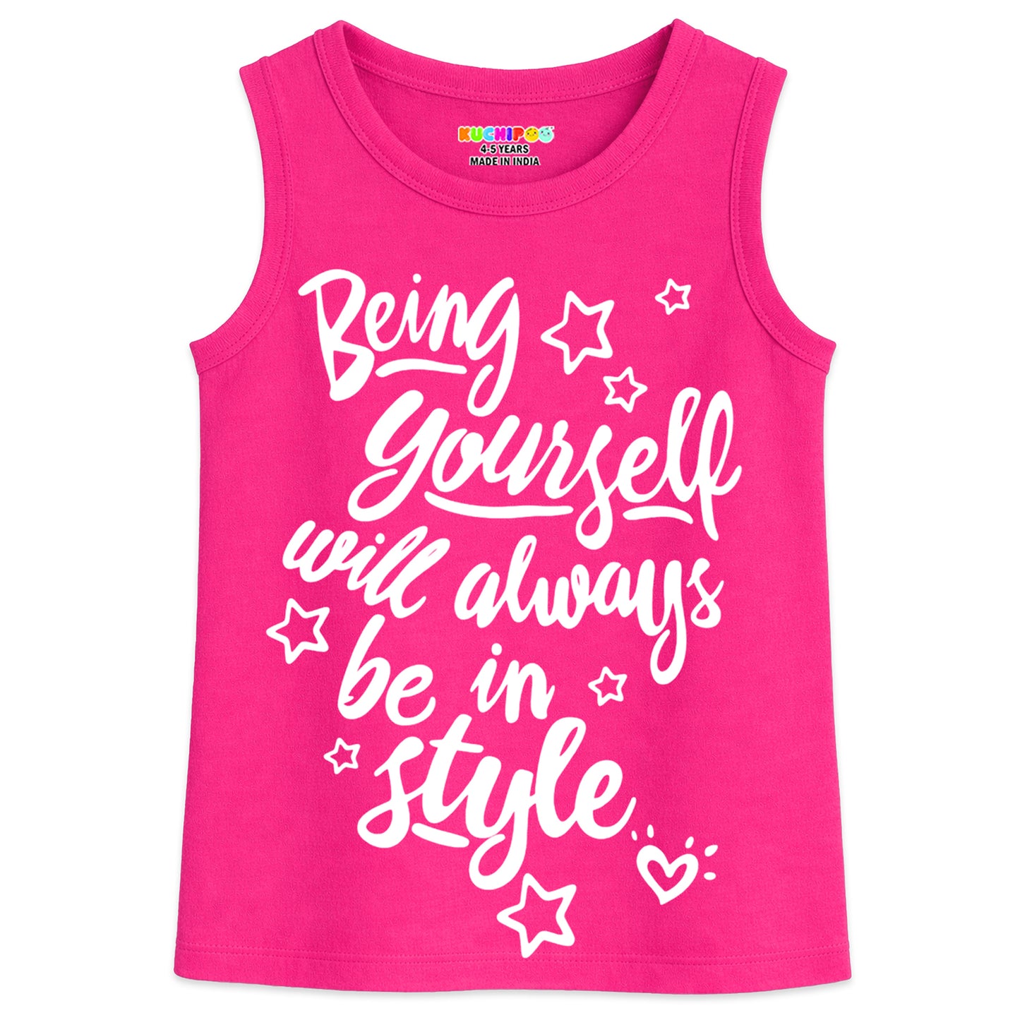 Kuchipoo Girls Sleeveless Cotton T-Shirt | Cute Graphic Print | Soft & Breathable Fabric | Round Neck Summer Top | Casual for Kids | Pack of 5