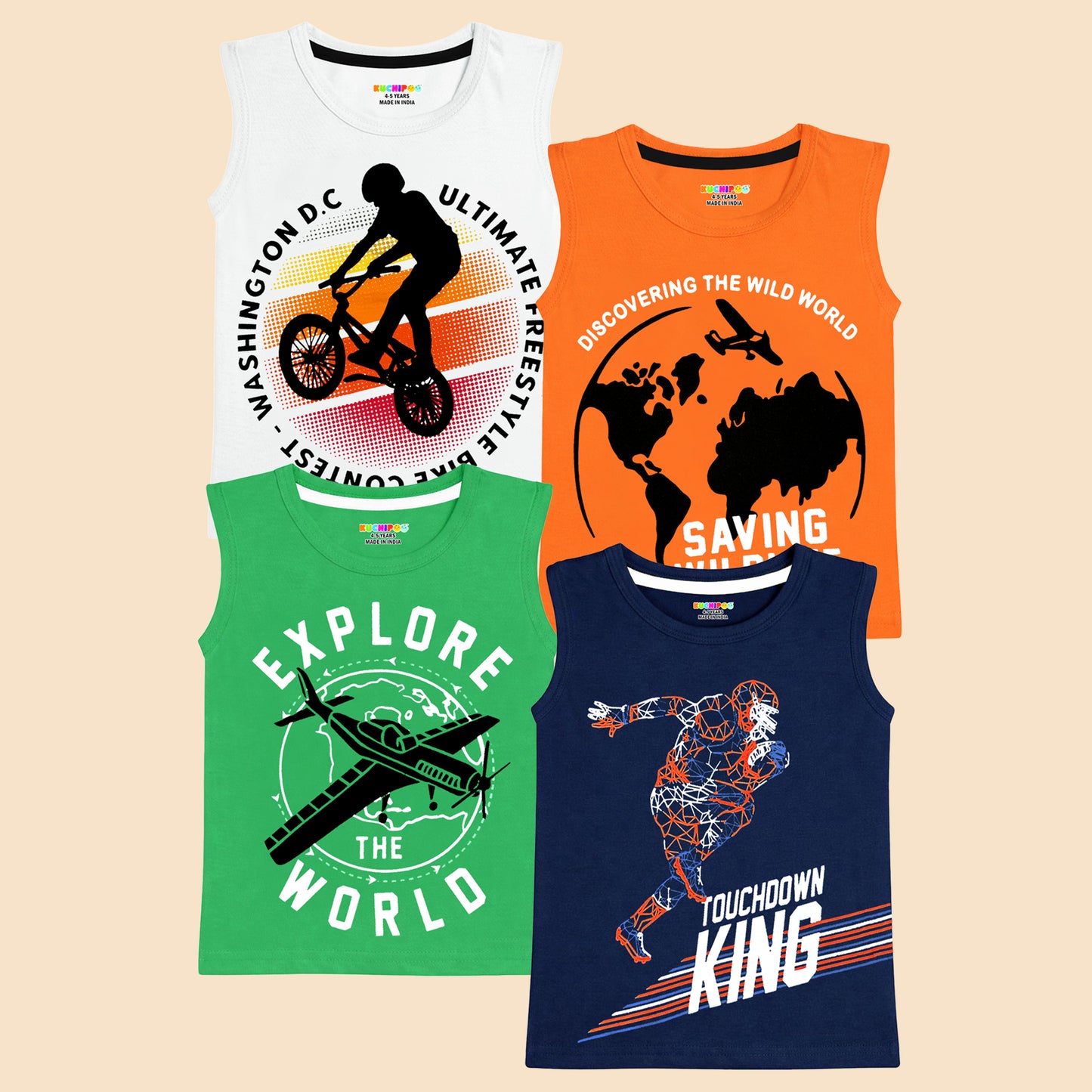 Kuchipoo Boys Sleeveless Cotton Tshirts | Printed Round Neck Kids Tshirts for Summer Wear | Pack of 4