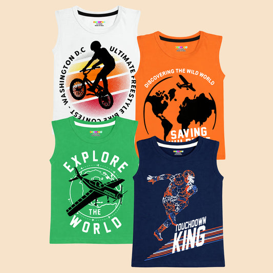 Kuchipoo Boys Sleeveless Cotton Tshirts | Printed Round Neck Kids Tshirts for Summer Wear | Pack of 4