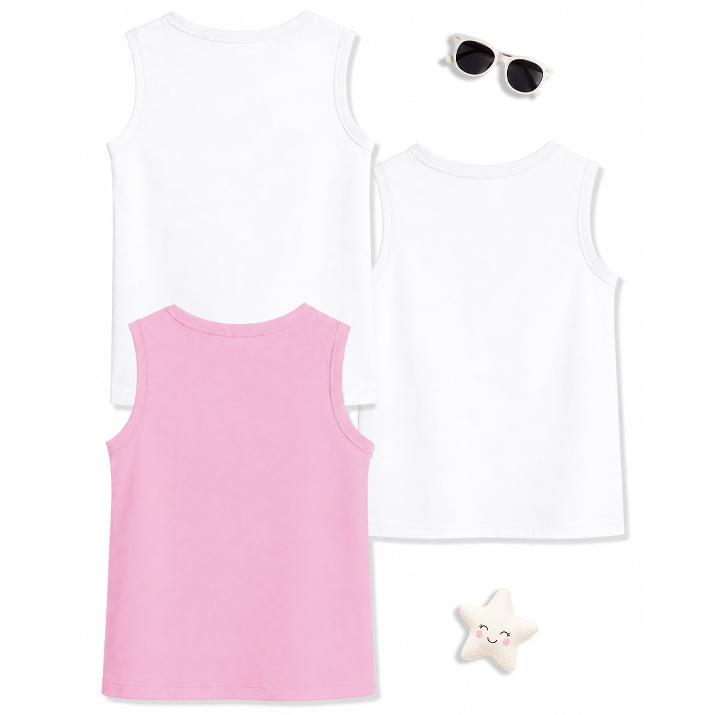 Kuchipoo Girls Sleeveless Cotton Tshirts | Printed Round Neck Kids Tshirts for Summer Wear | Pack of 3