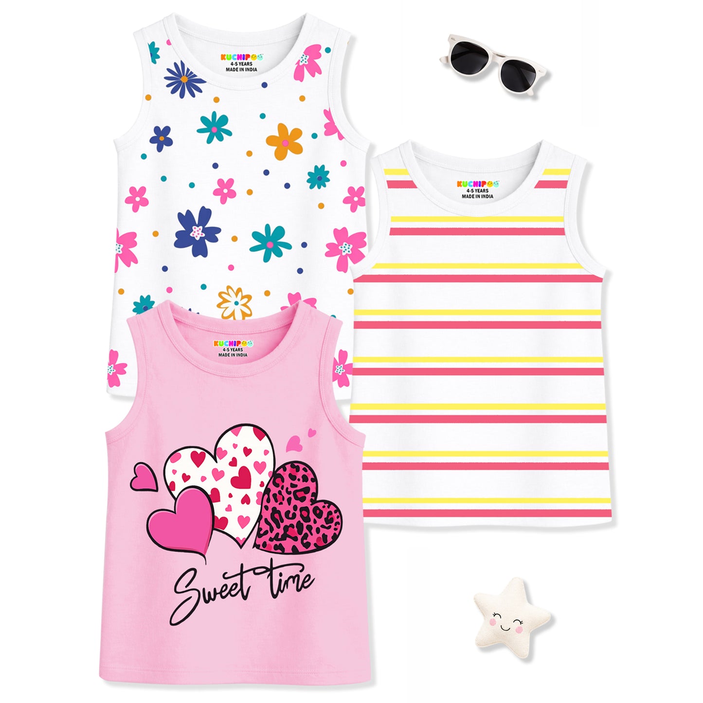 Kuchipoo Girls Sleeveless Cotton Tshirts | Printed Round Neck Kids Tshirts for Summer Wear | Pack of 3