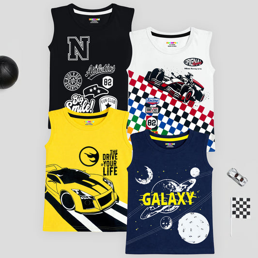 Kuchipoo Boys Sleeveless Cotton Tshirts | Printed Round Neck Kids Tshirts for Summer Wear | Pack of 4