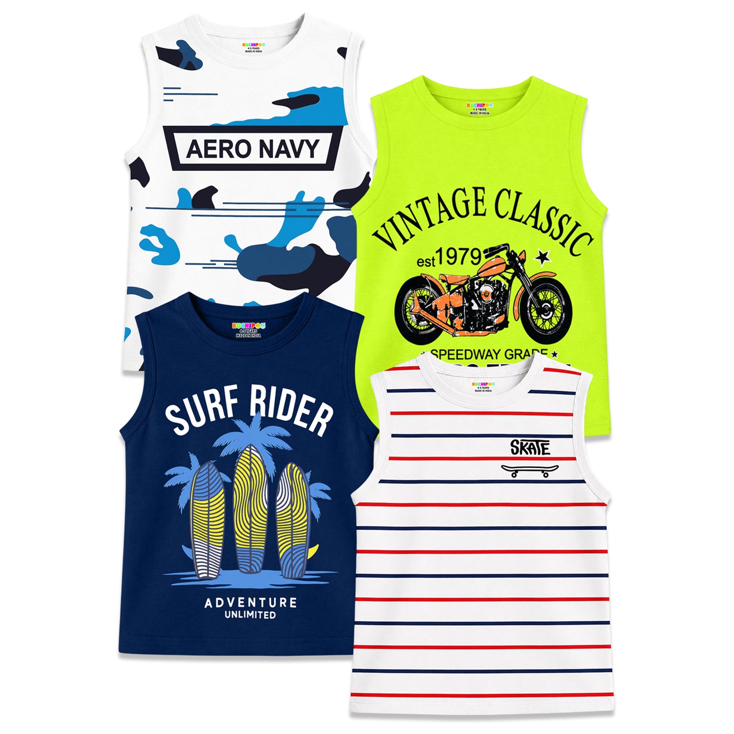 Kuchipoo Boys Sleeveless Cotton Tshirts | Printed Round Neck Kids Tshirts for Summer Wear | Pack of 4
