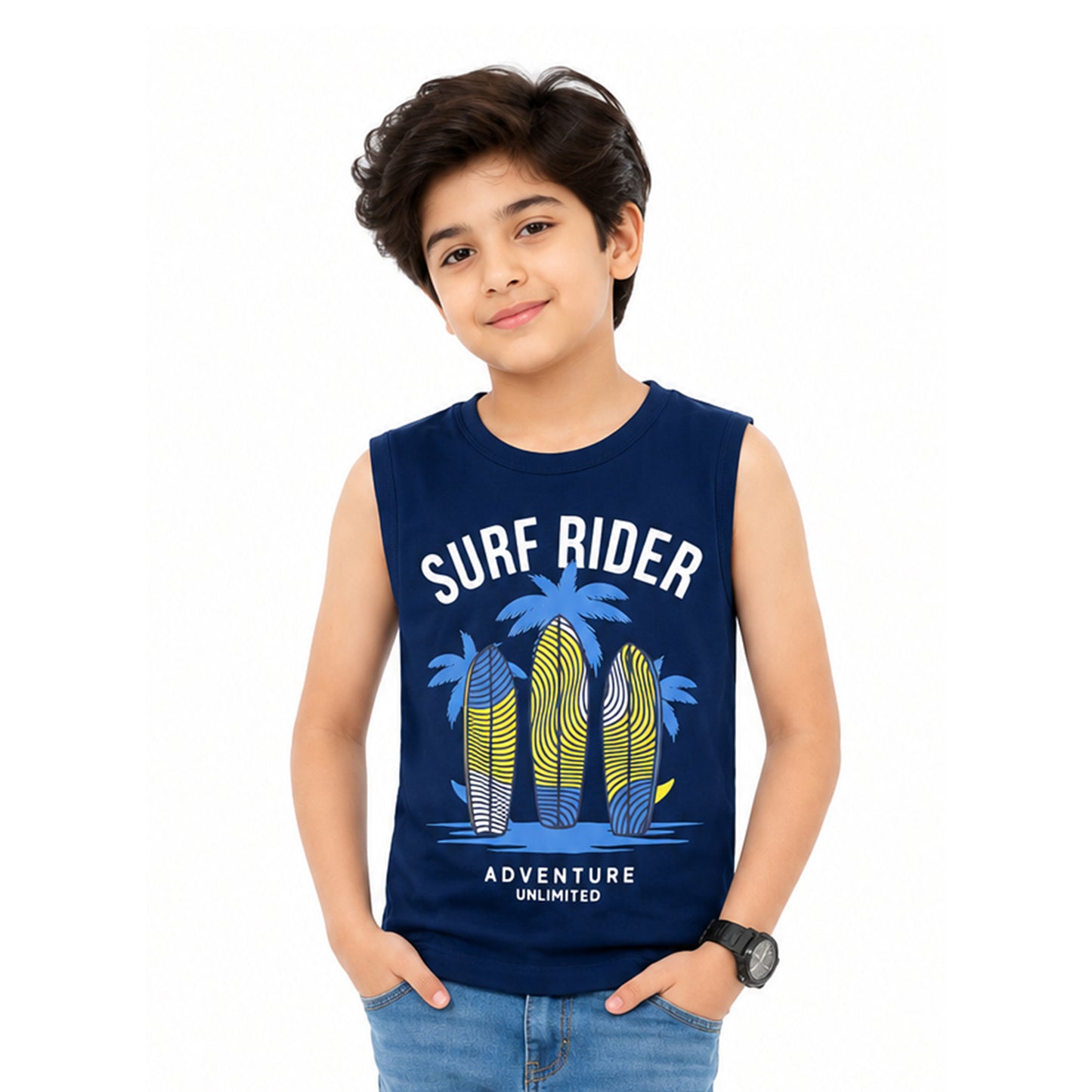 Kuchipoo Boys Sleeveless Cotton Tshirts | Printed Round Neck Kids Tshirts for Summer Wear | Pack of 4