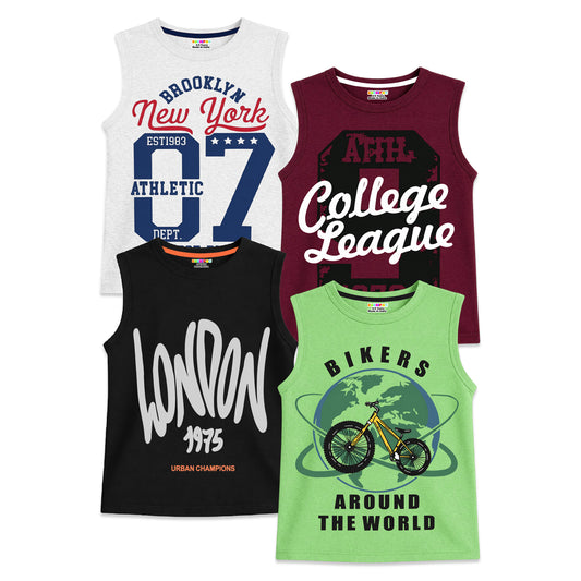 Kuchipoo Boys Sleeveless Cotton Tshirts | Printed Round Neck Kids Tshirts for Summer Wear | Pack of 4