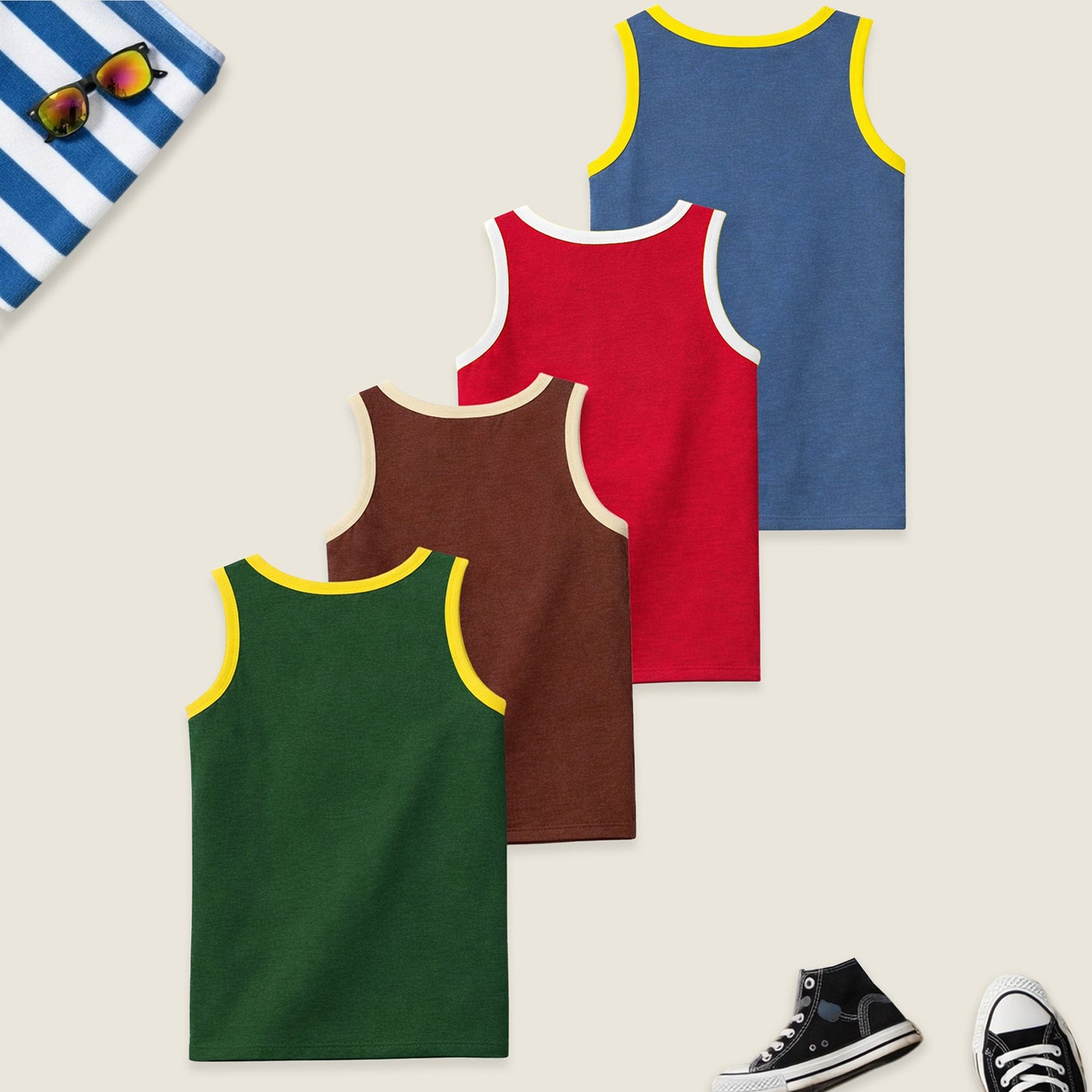Kuchipoo Boys Sleeveless Cotton Tshirts | Printed Round Neck Kids Tshirts for Summer Wear | Pack of 4