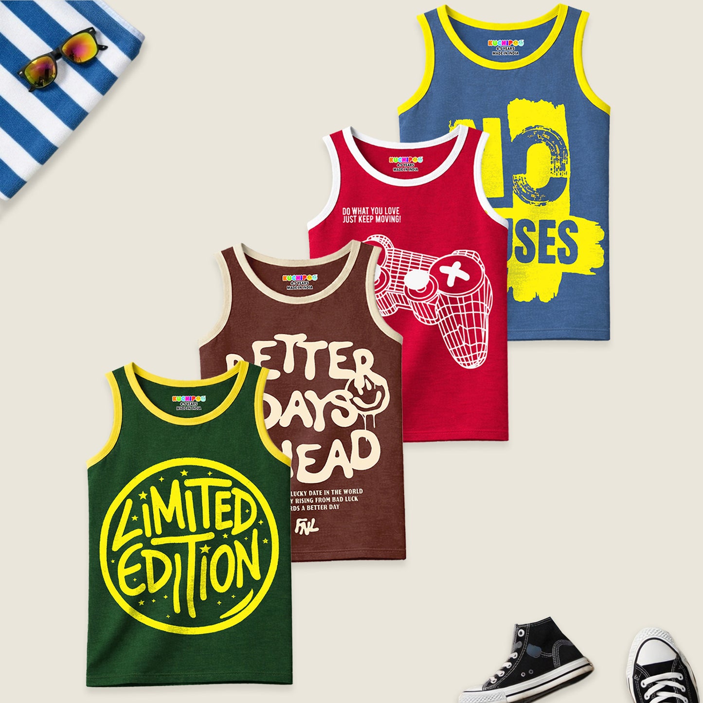 Kuchipoo Boys Sleeveless Cotton Tshirts | Printed Round Neck Kids Tshirts for Summer Wear | Pack of 4