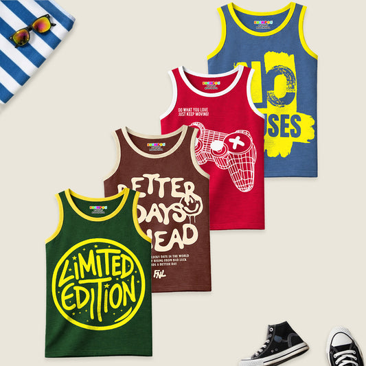 Kuchipoo Boys Sleeveless Cotton Tshirts | Printed Round Neck Kids Tshirts for Summer Wear | Pack of 4